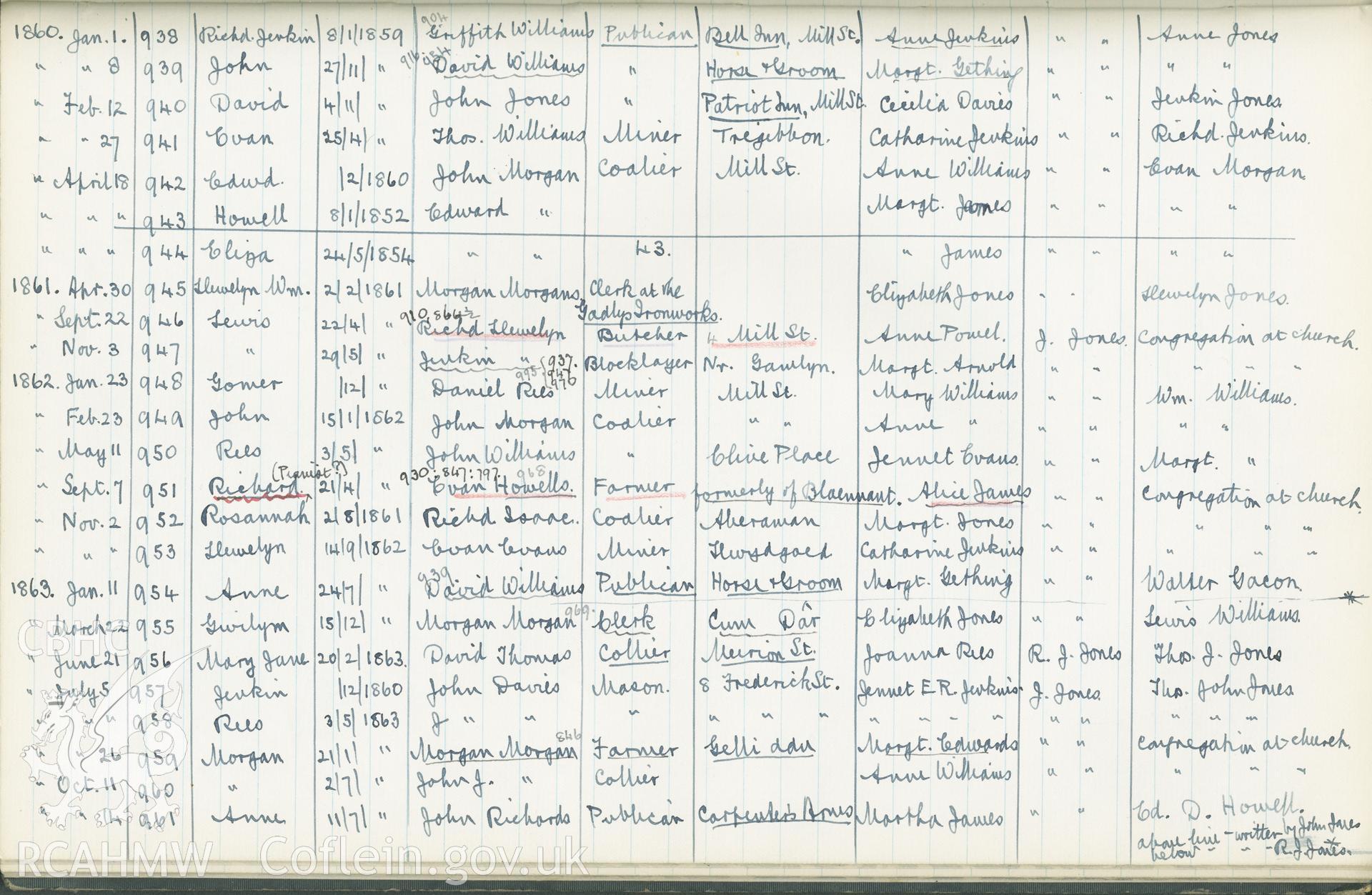 "Baptism Registered" book for Hen Dy Cwrdd, made between April 19th and 28th, 1941, by W. W. Price. Page listing baptisms from 1st January 1860 to 14th October 1863. Donated to the RCAHMW as part of the Digital Dissent Project.