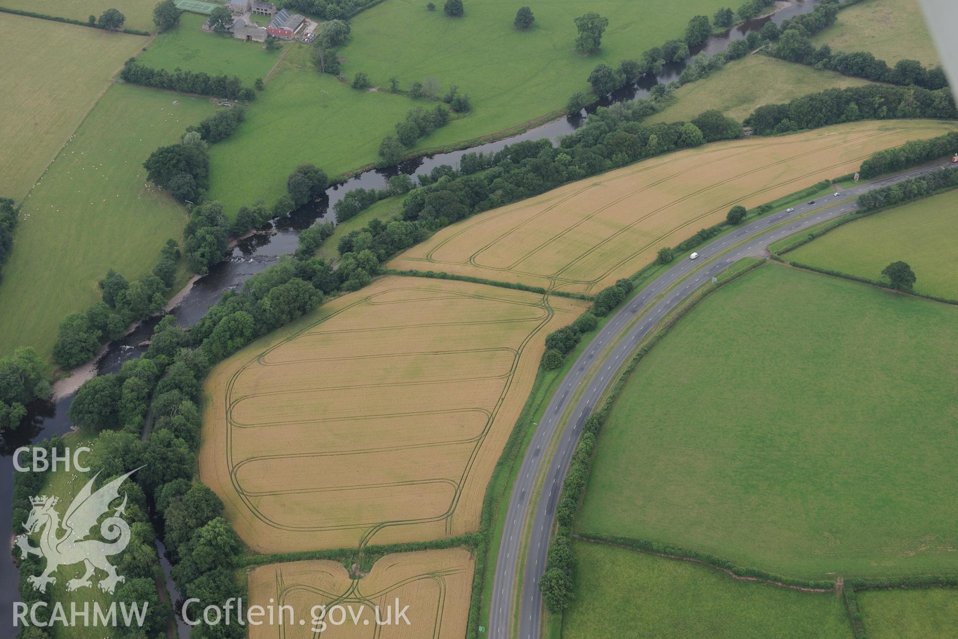 Cefn-brynich Roman fort, general view of cropmarks from east, taken by RCAHMW 1st August 2013.