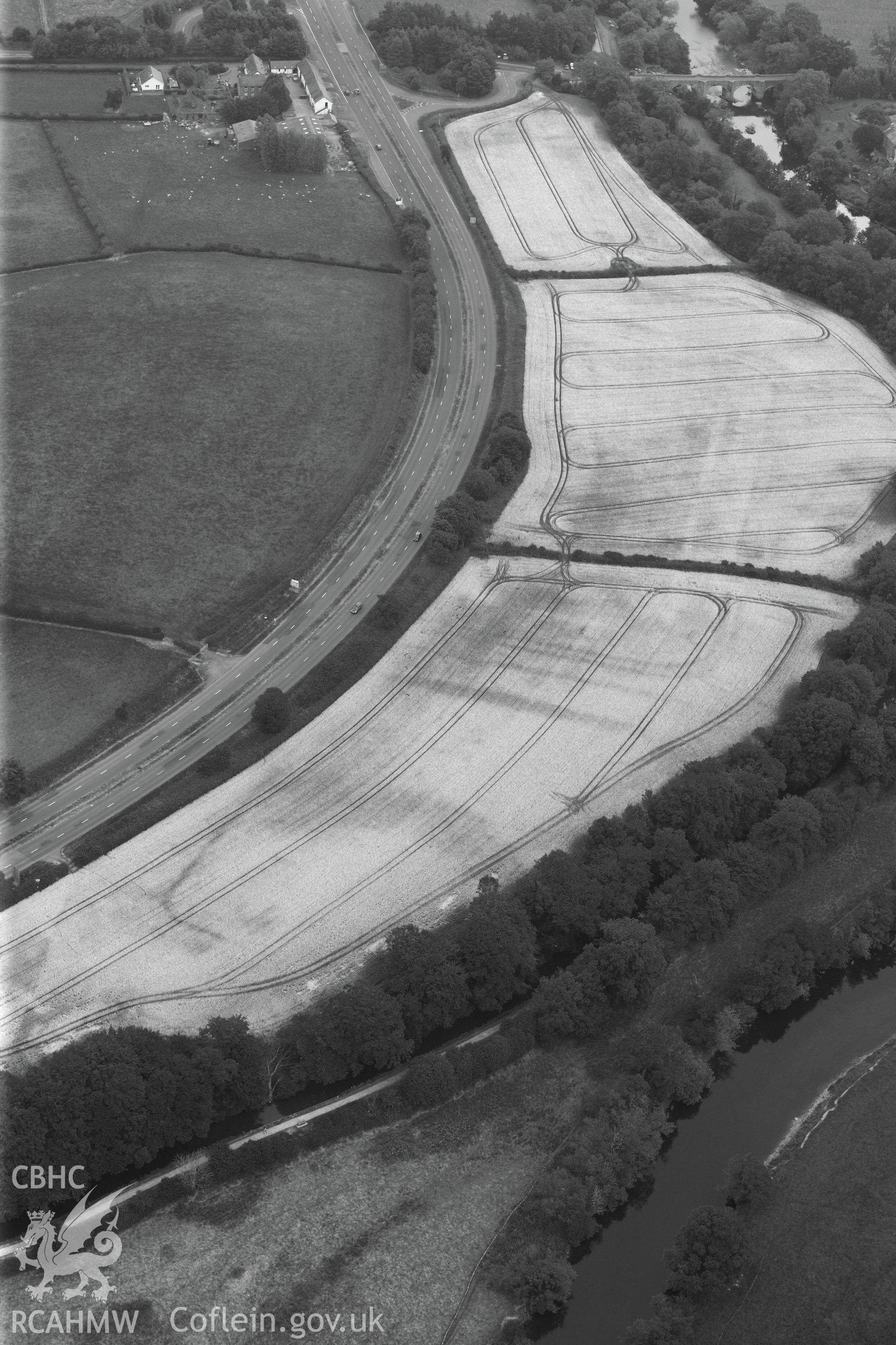 Cefn-brynich Roman fort, detailed view (black and white) of cropmarks from west, taken by RCAHMW 1st August 2013.