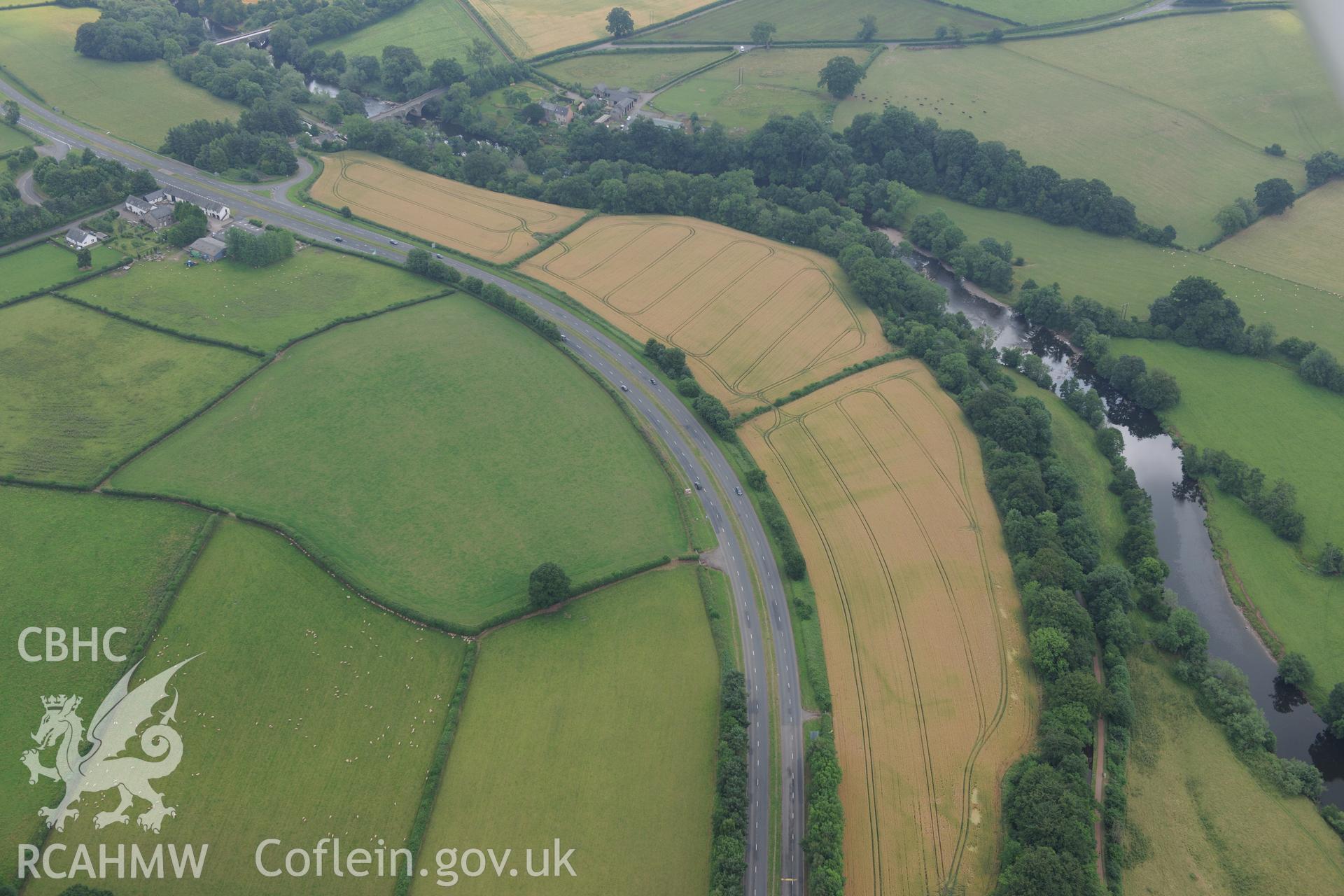 Cefn-brynich Roman fort, general view of cropmarks from west, taken by RCAHMW 1st August 2013.