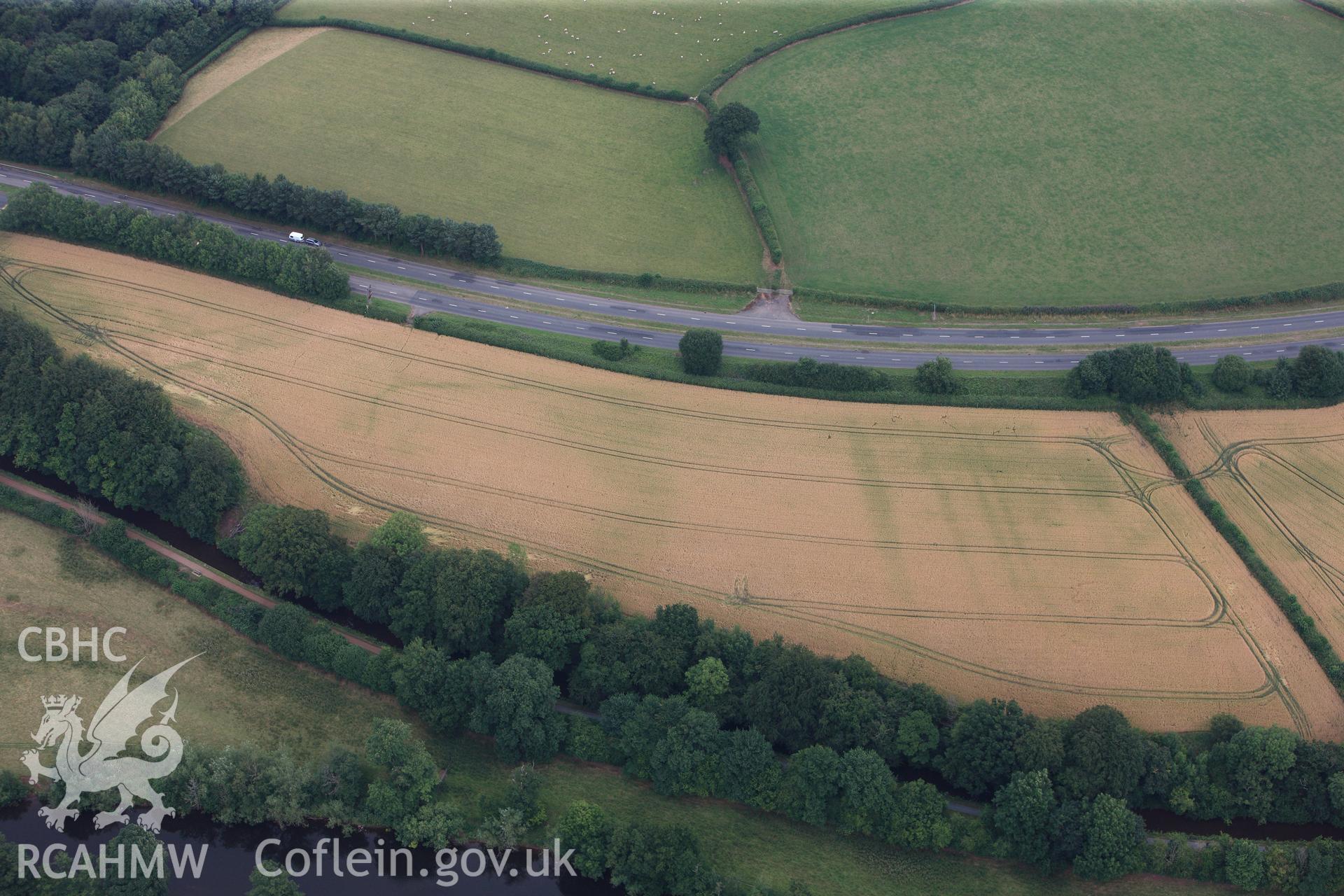 Cefn-brynich Roman fort, detailed view of cropmarks of Roman fort ditches from south, taken by RCAHMW 1st August 2013.