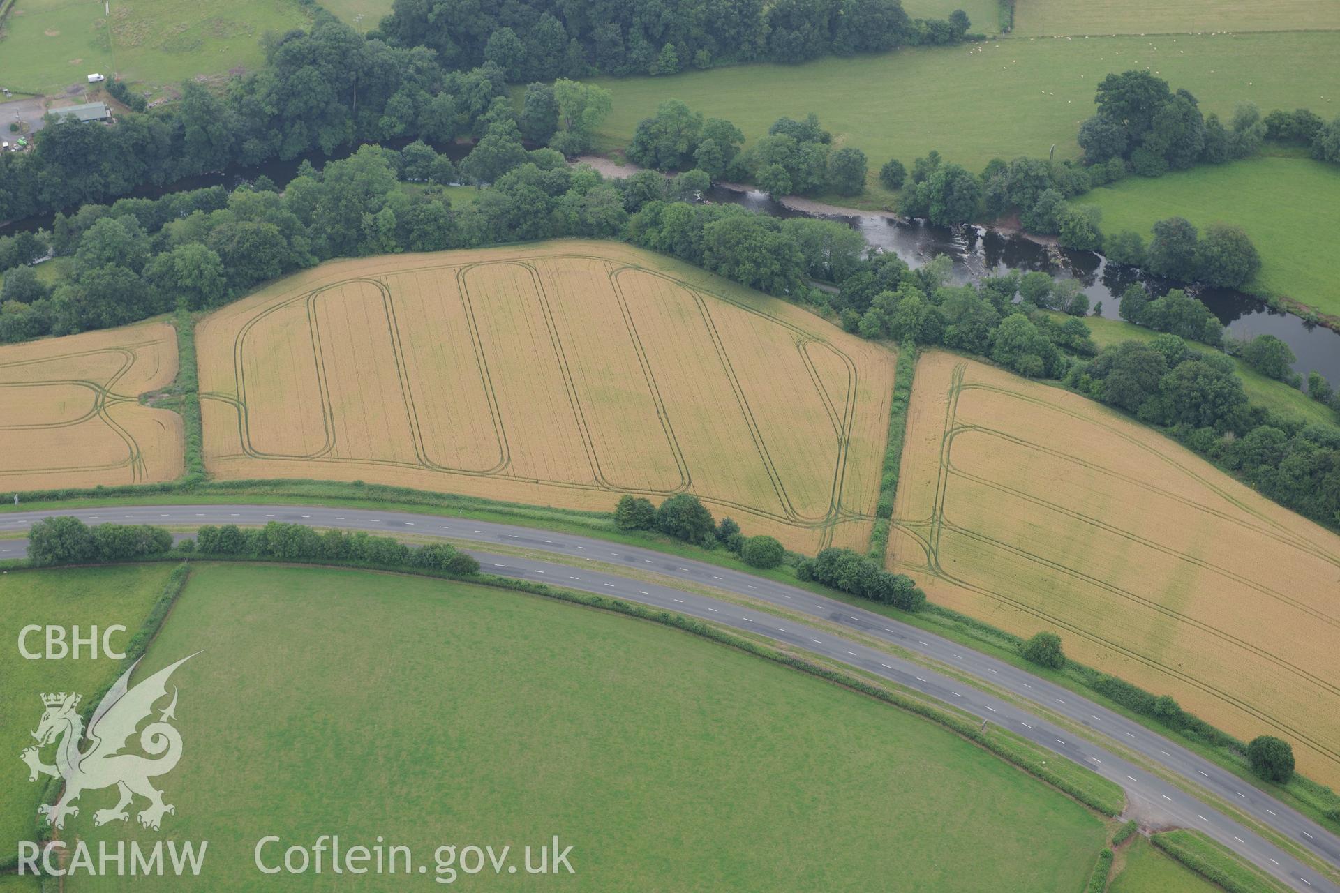 Cefn-brynich Roman fort, general view of cropmarks from north, taken by RCAHMW 1st August 2013.