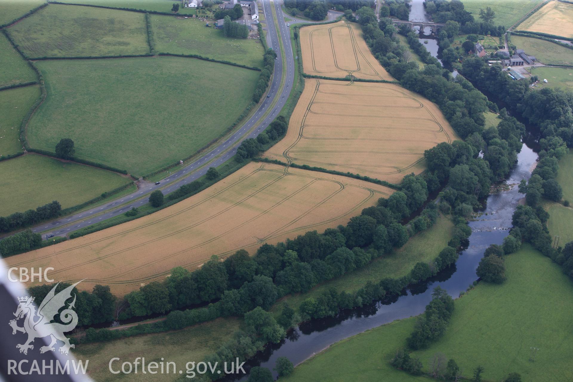 Cefn-brynich Roman fort, detailed view of cropmarks of Roman fort from south-west, taken by RCAHMW 1st August 2013.