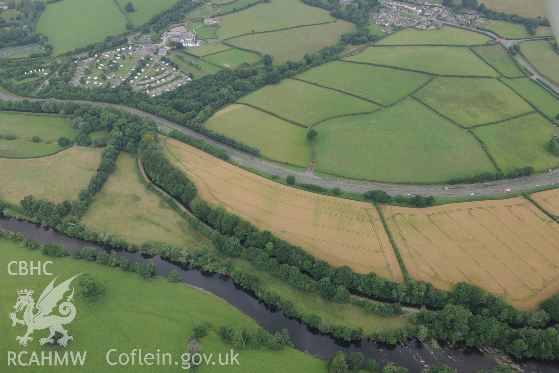 Cefn-brynich Roman fort, general view of cropmarks from south, taken by RCAHMW 1st August 2013.