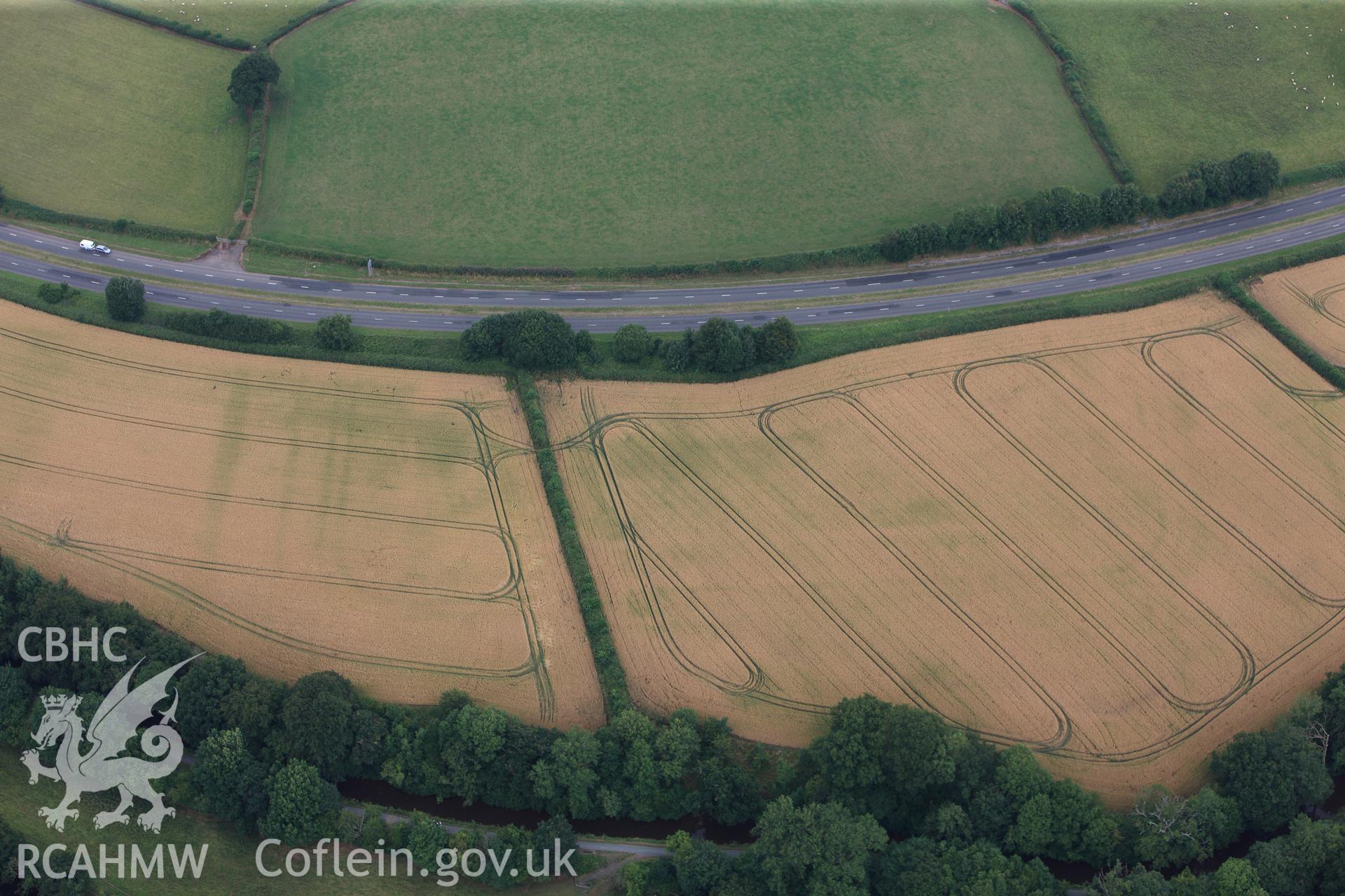 Cefn-brynich Roman fort, detailed view of cropmarks of Roman fort from south, taken by RCAHMW 1st August 2013.