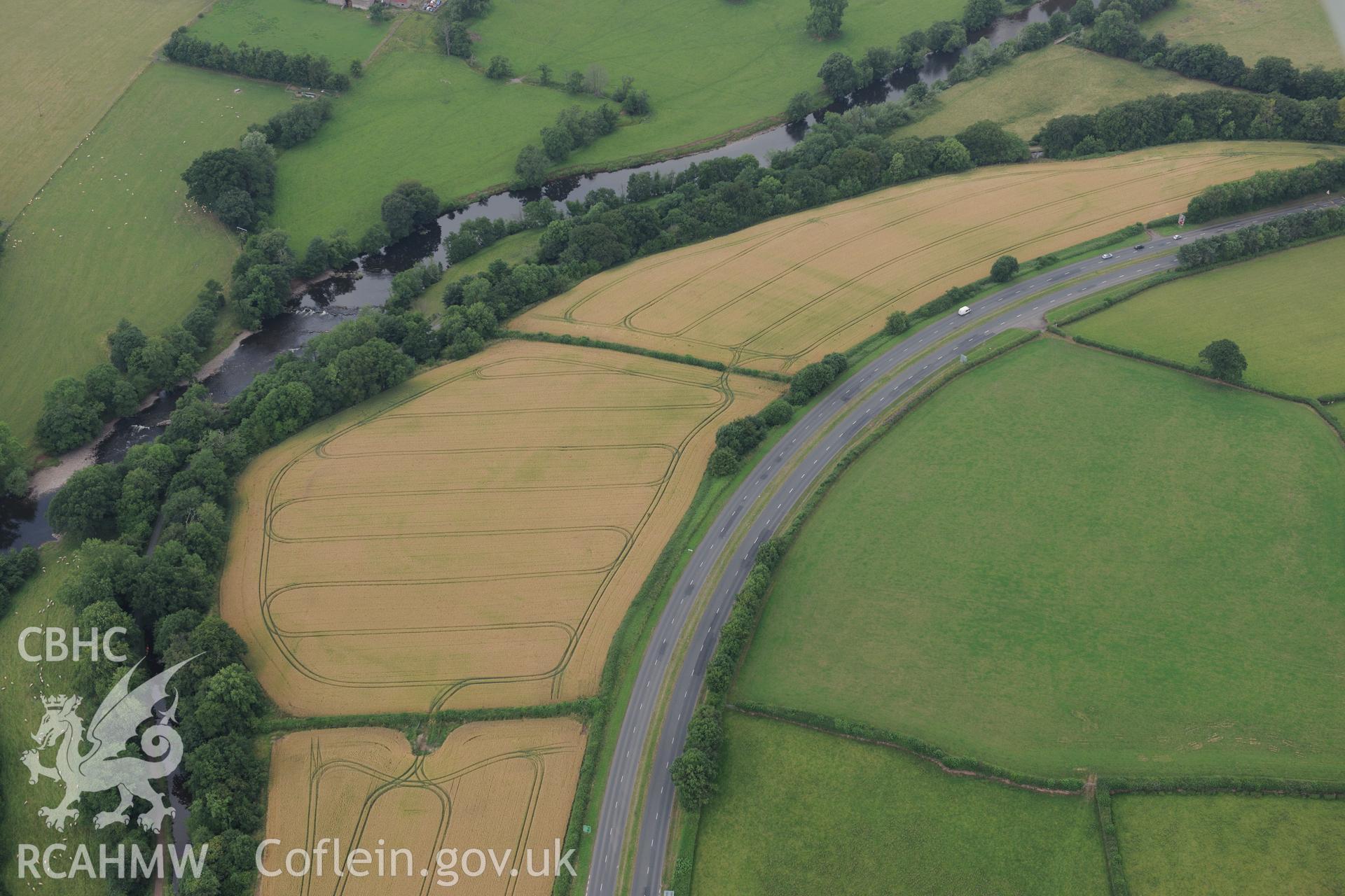 Cefn-brynich Roman fort, general view of cropmarks from east, taken by RCAHMW 1st August 2013.