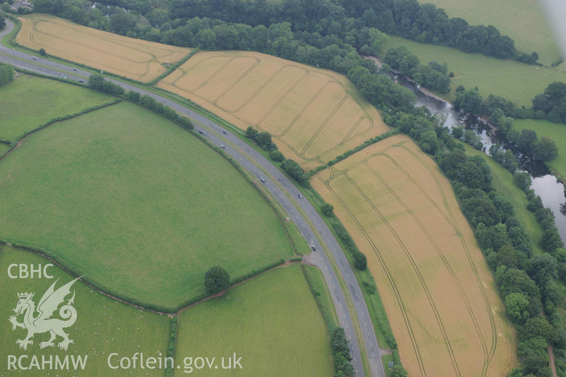 Cefn-brynich Roman fort, general view of cropmarks from north-west, taken by RCAHMW 1st August 2013.