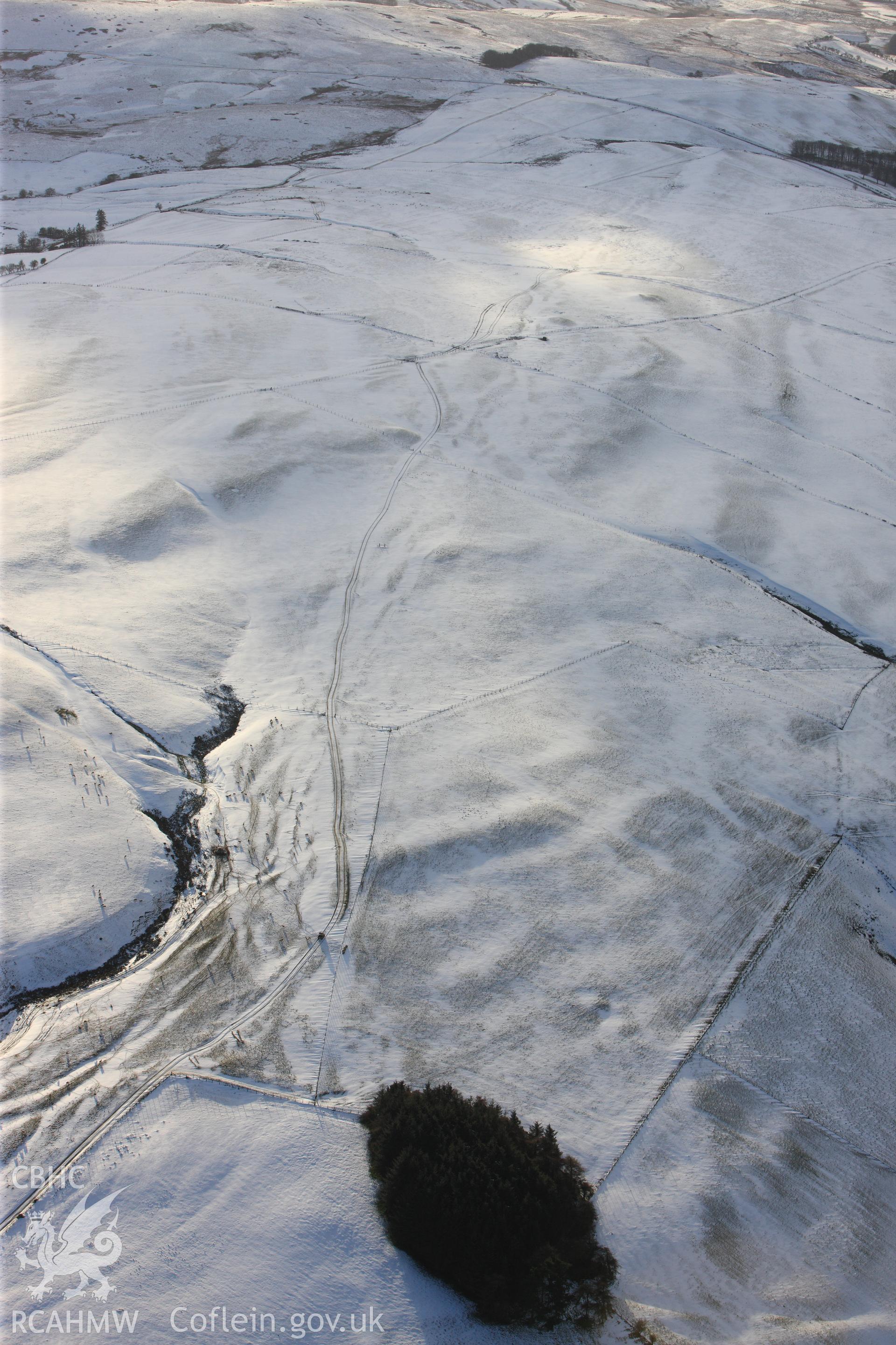 RCAHMW colour oblique photograph of Braided trackways, Kerry Hill, under snow. Taken by Toby Driver on 18/12/2011.