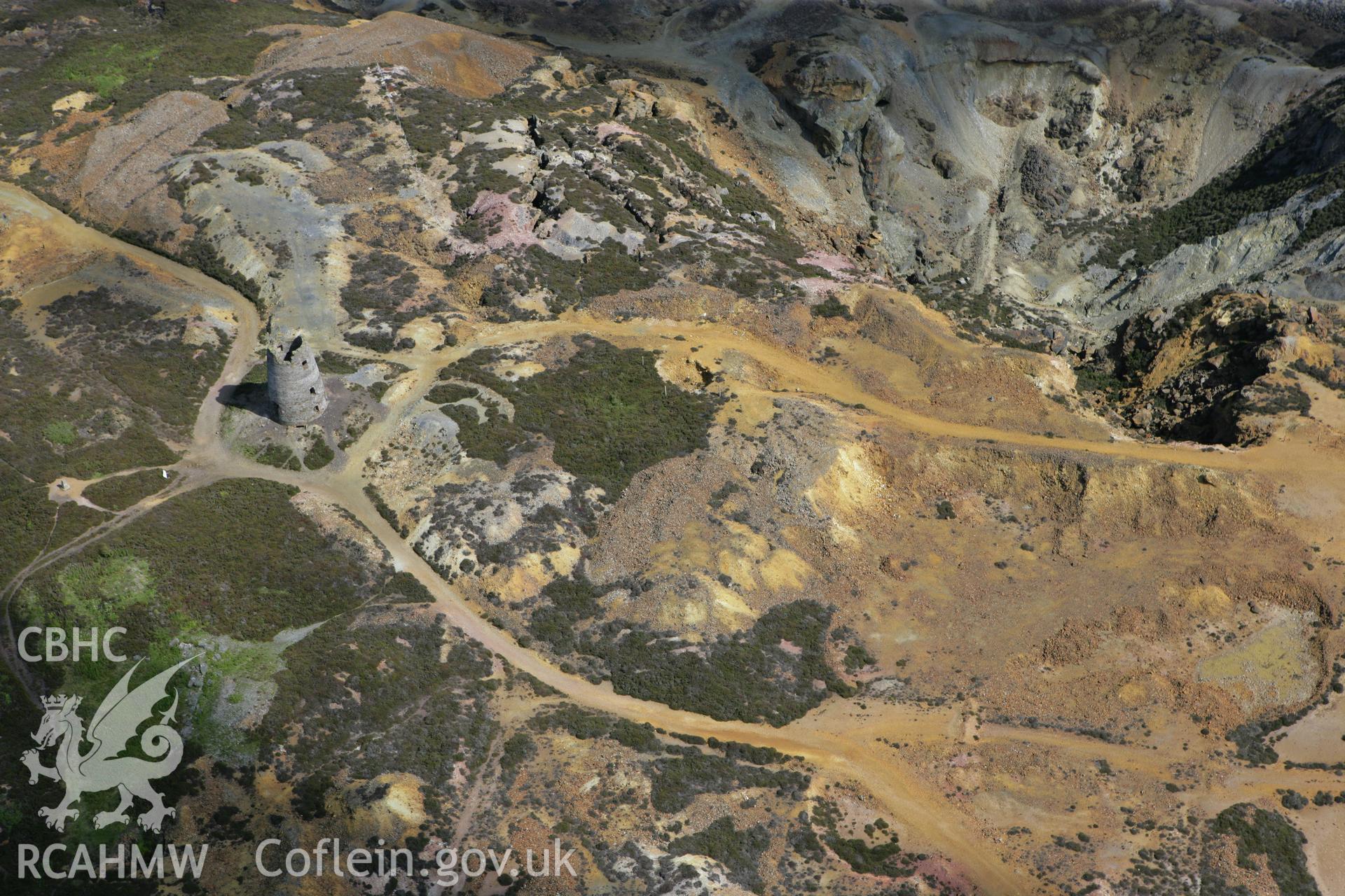 RCAHMW colour oblique photograph of Parys Mountain Copper Mines, Amlwch, view of pumping windmill. Taken by Toby Driver on 20/07/2011.