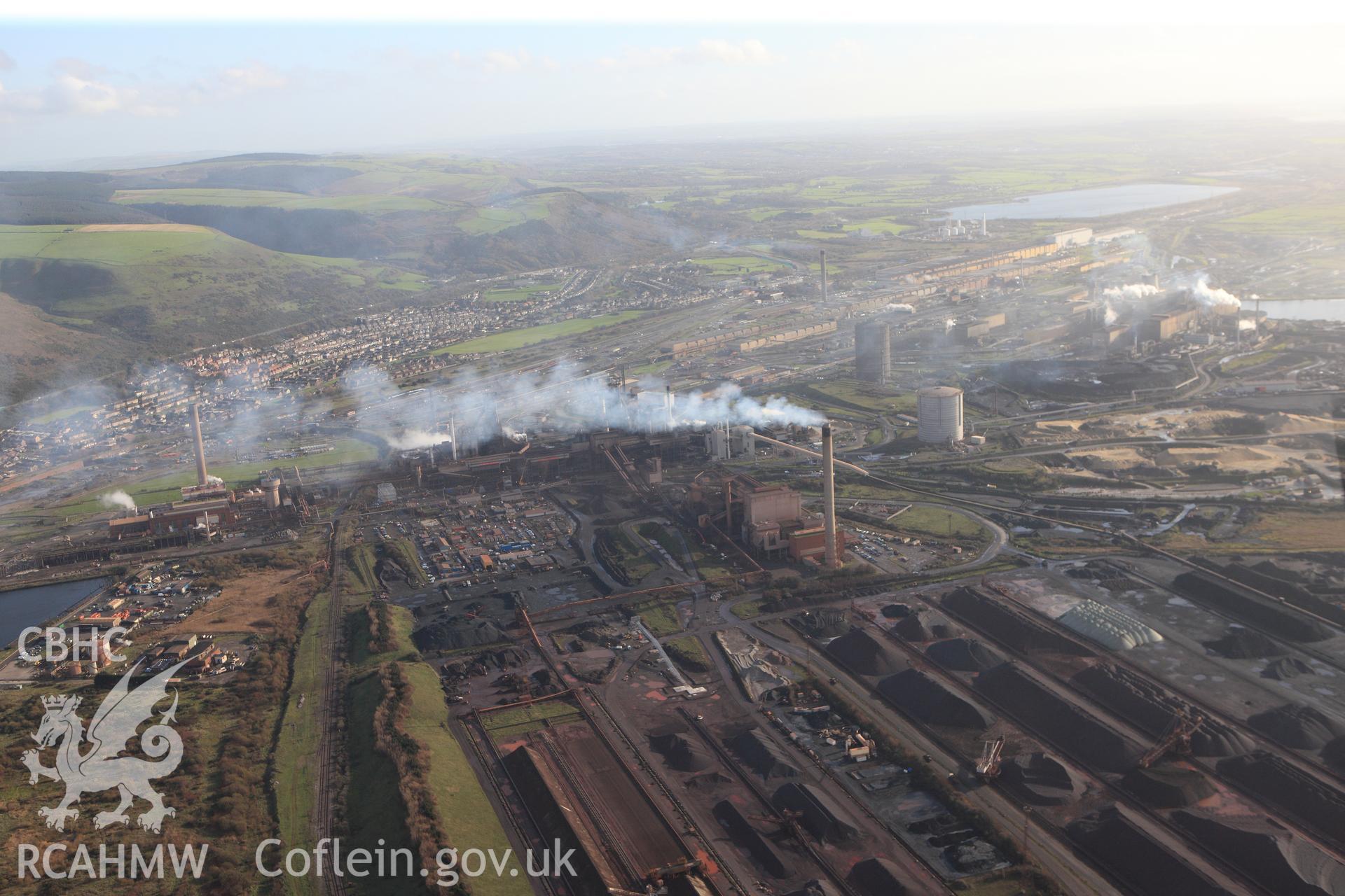 RCAHMW colour oblique photograph of Abbey Works, Margam Steel, Margam. Taken by Toby Driver on 17/11/2011.