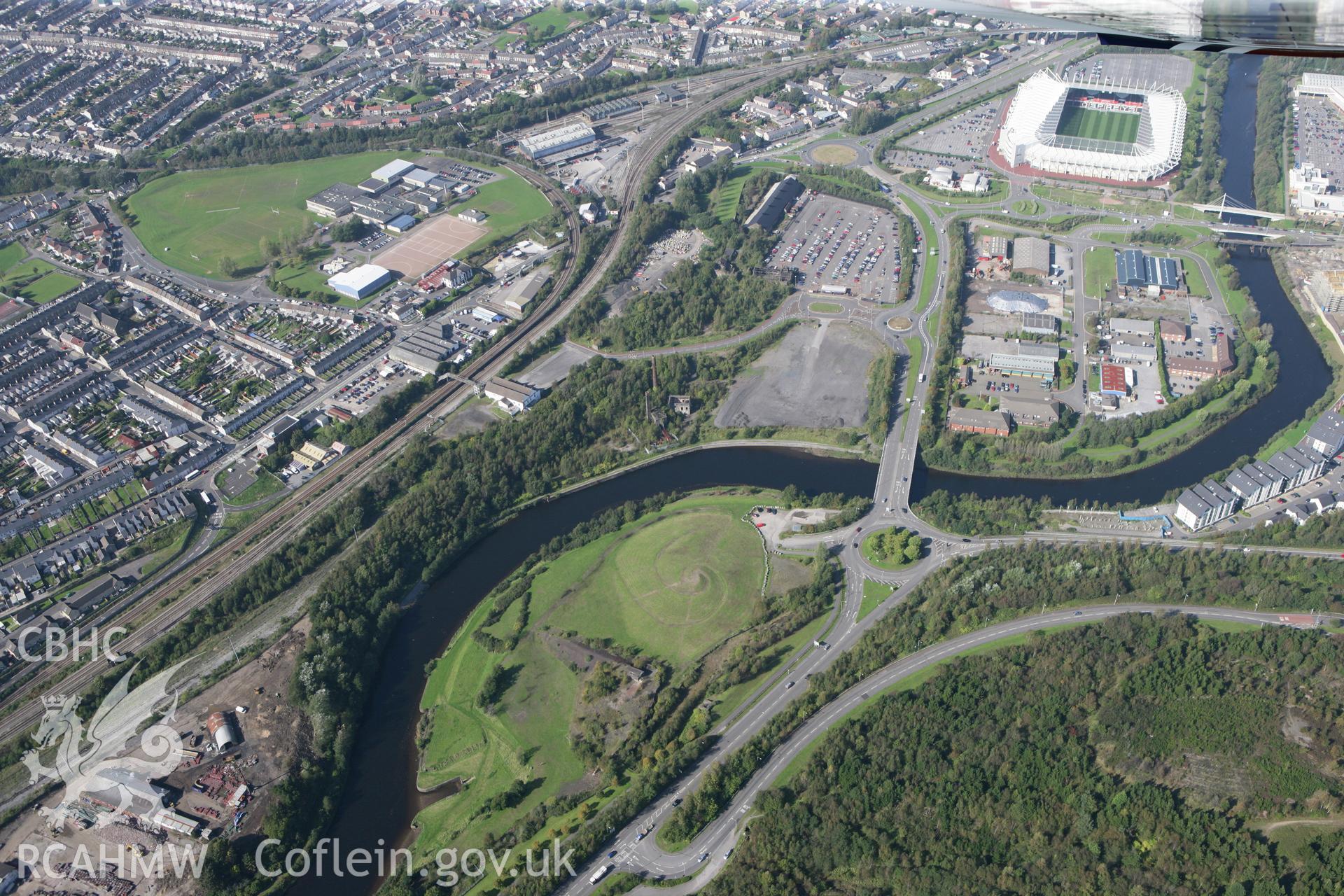 RCAHMW colour oblique photograph of River Tawe and Liberty Stadium from the south-west. Taken by Toby Driver and Oliver Davies on 28/09/2011.