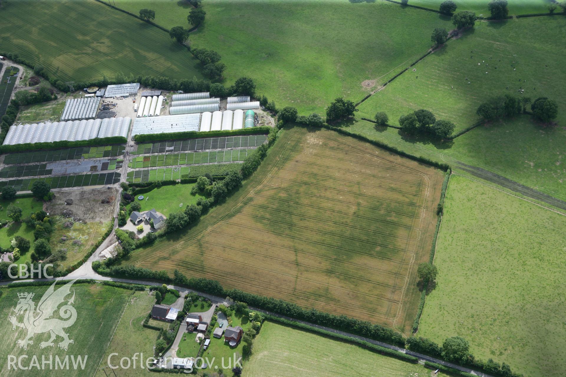 RCAHMW colour oblique photograph of Domgay Lane linear cropmarks. Taken by Toby Driver on 20/07/2011.