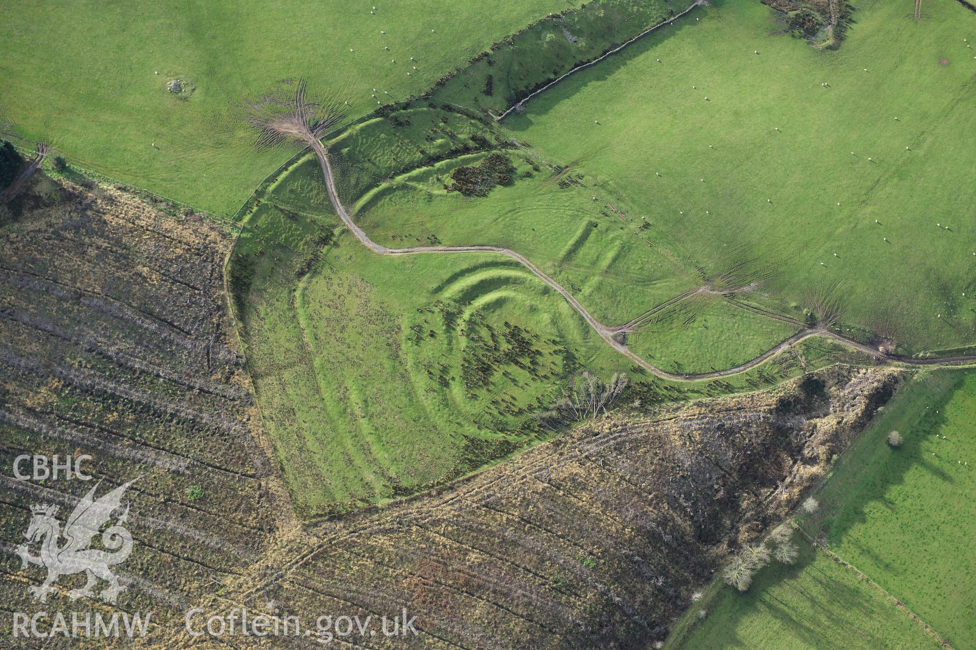 RCAHMW colour oblique photograph of Gaer Fawr, with clearance of forestry block. Taken by Toby Driver on 28/11/2012.