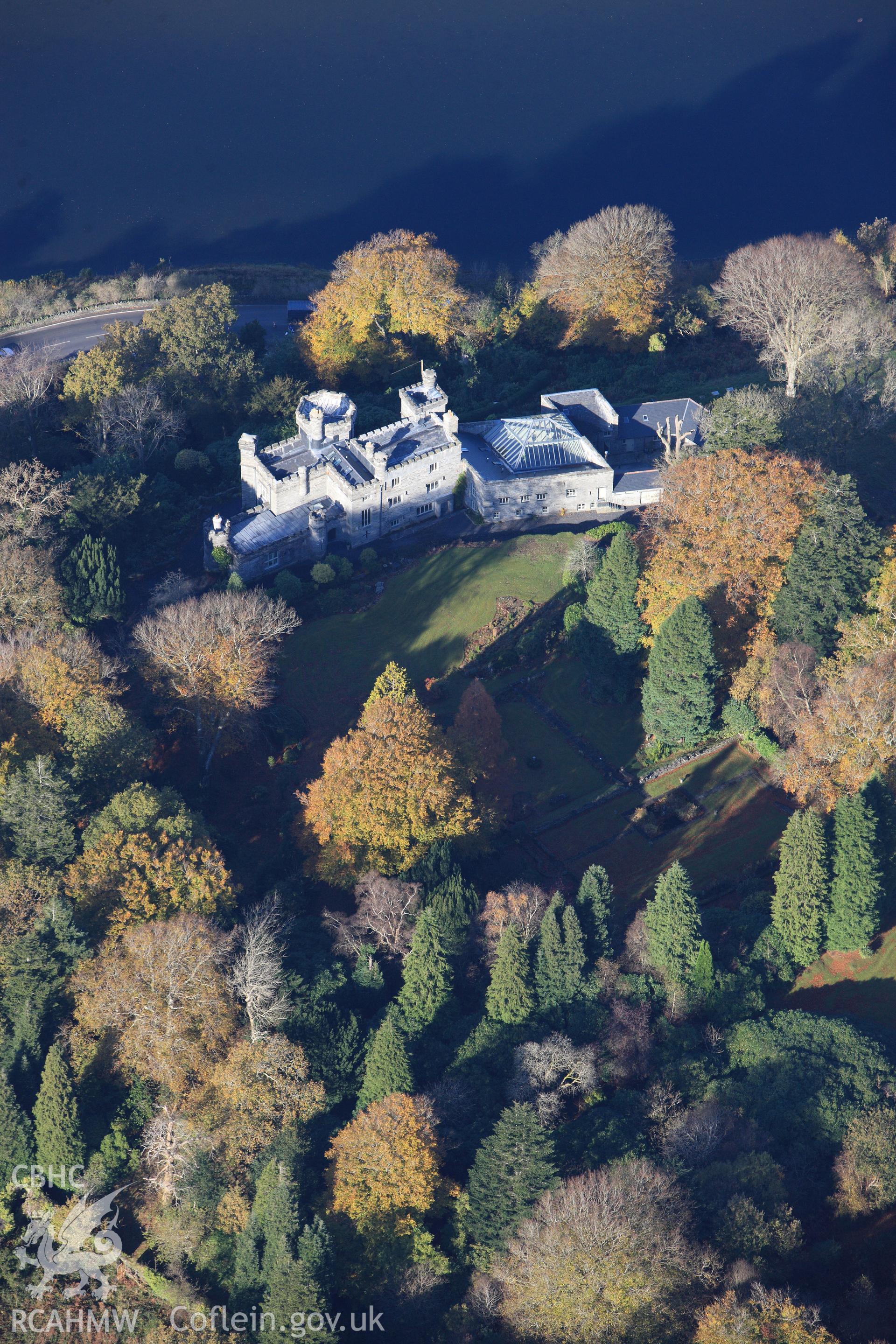 RCAHMW colour oblique photograph of Glandyfi Castle, gardens, with autumn colours. Taken by Toby Driver on 05/11/2012.