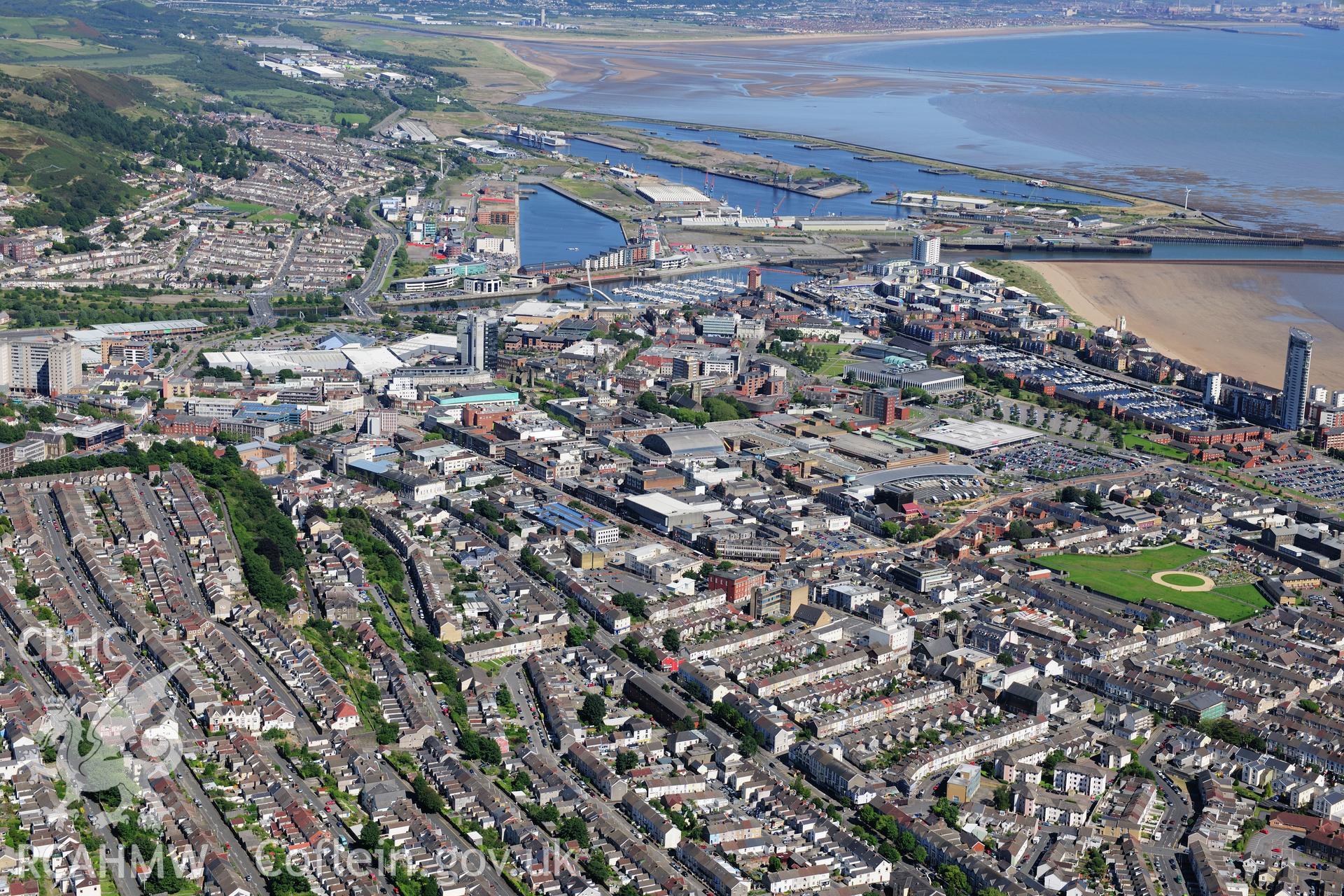 RCAHMW colour oblique photograph of Swansea, cityscape, view from north-west including Market. Taken by Toby Driver on 24/07/2012.