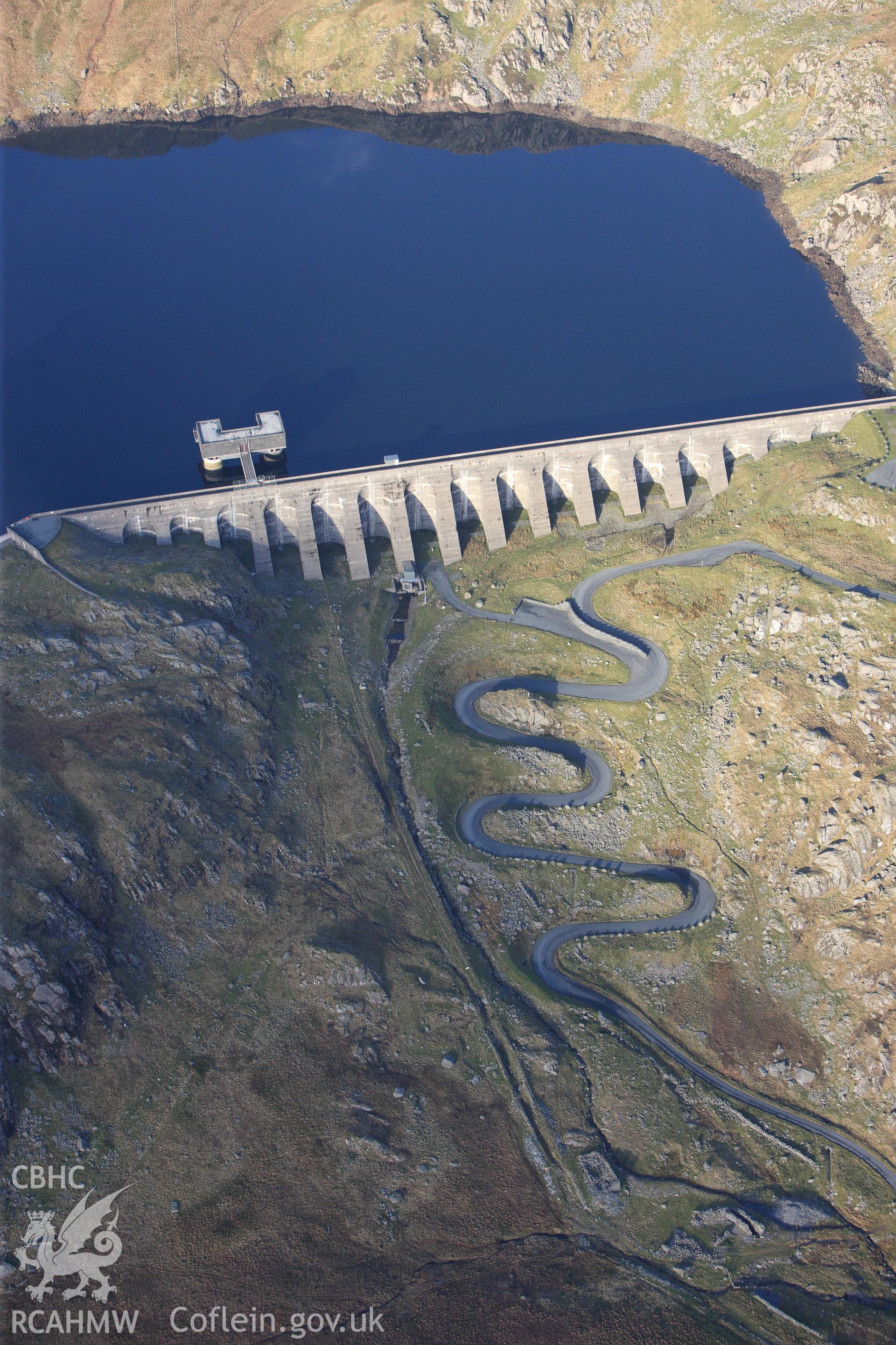 RCAHMW colour oblique photograph of Llyn Stwlan reservoir. Taken by Toby Driver on 13/01/2012.