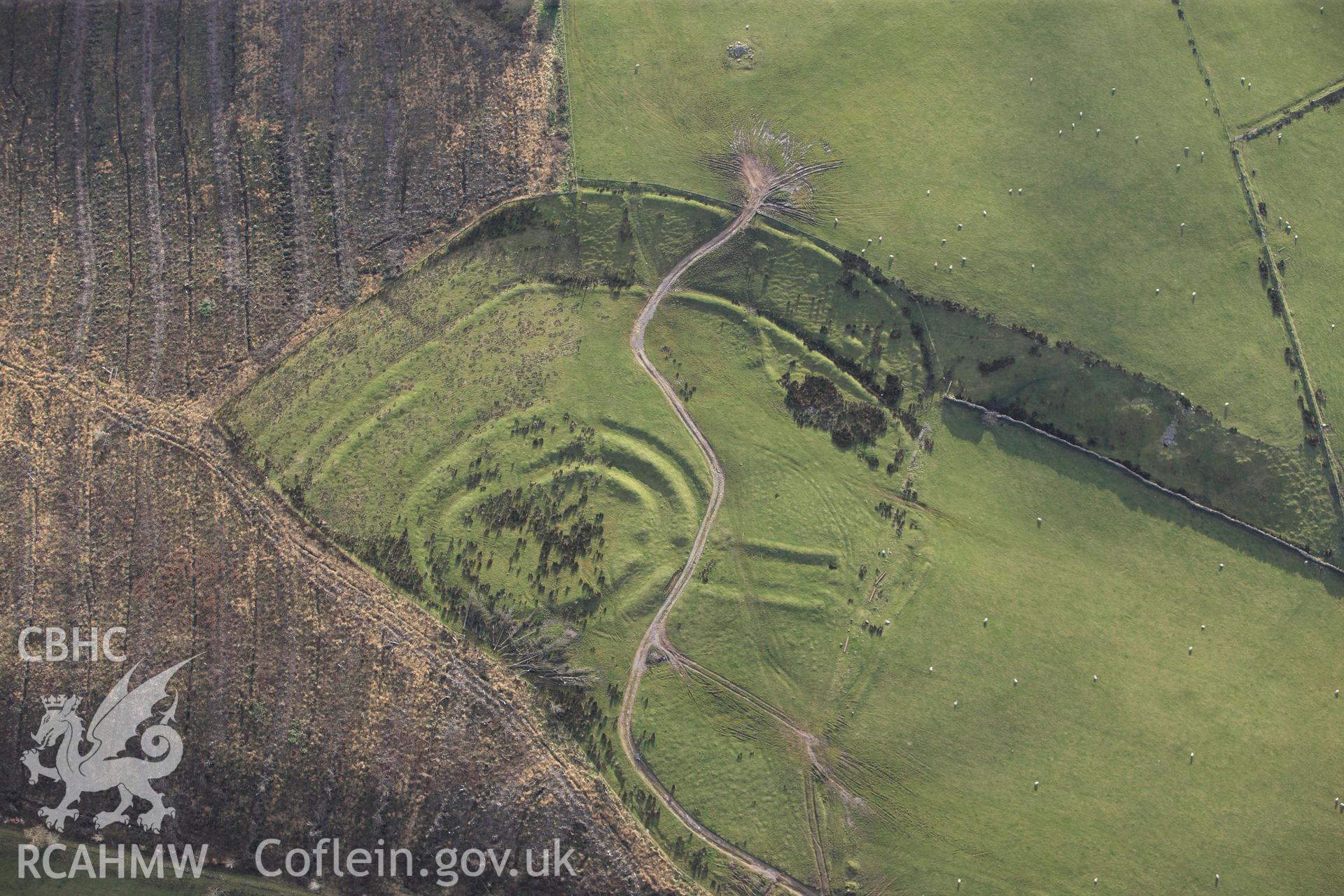 RCAHMW colour oblique photograph of Gaer Fawr, with clearance of forestry block. Taken by Toby Driver on 28/11/2012.