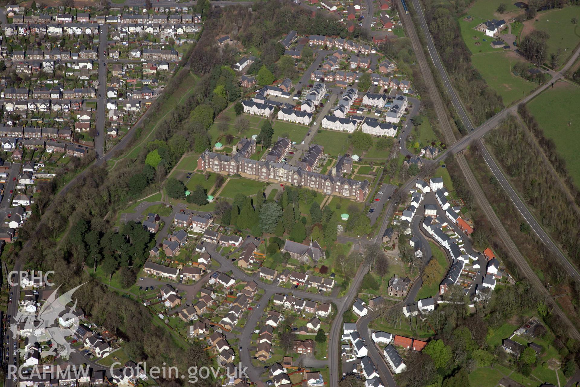 RCAHMW colour oblique photograph of Abergavenny, site of Pen-y-Fal hospital. Taken by Toby Driver and Oliver Davies on 28/03/2012.