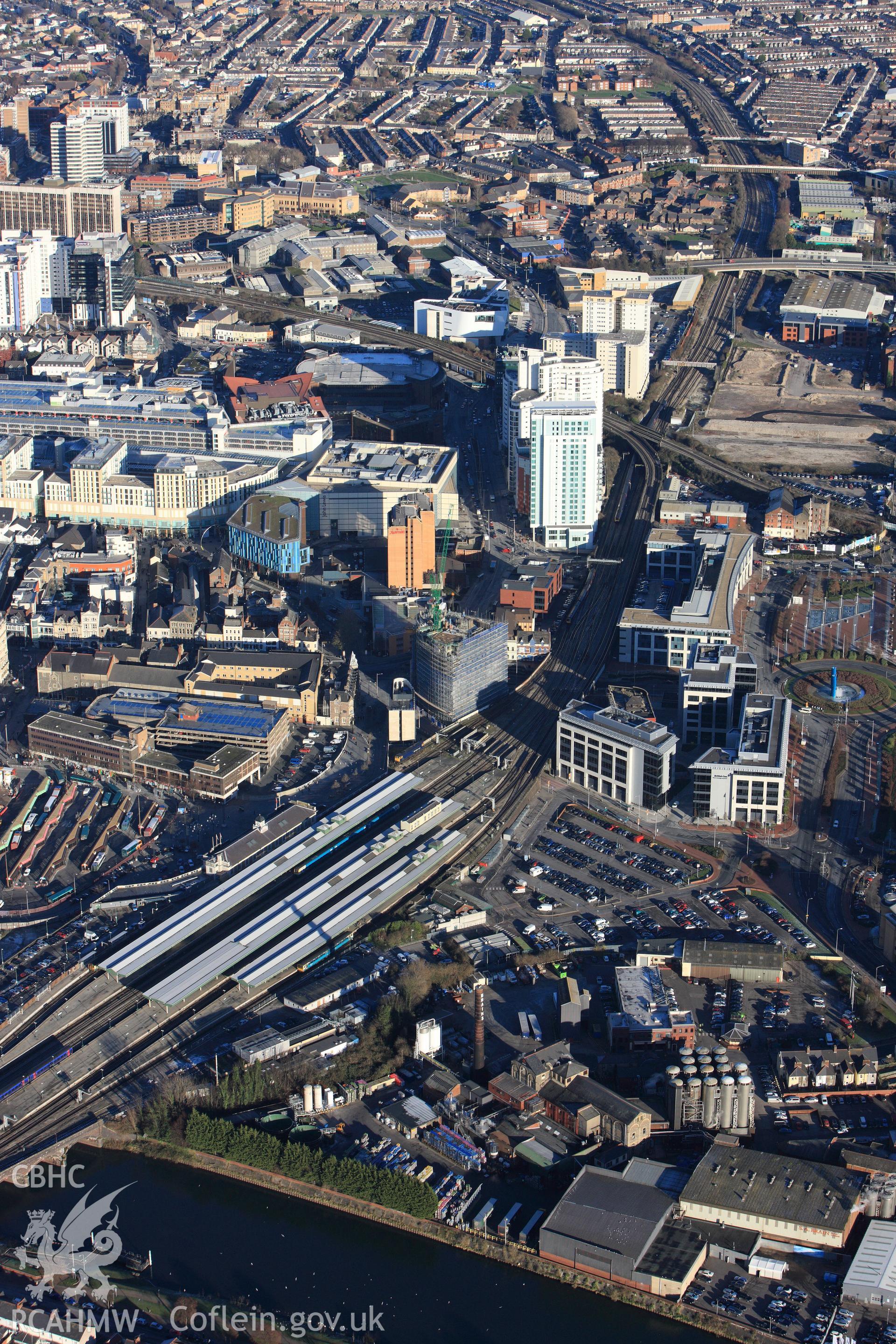 RCAHMW colour oblique photograph of Cardiff city centre, from the west, showing Cardiff Central Railway Station. Taken by Toby Driver on 08/12/2010.