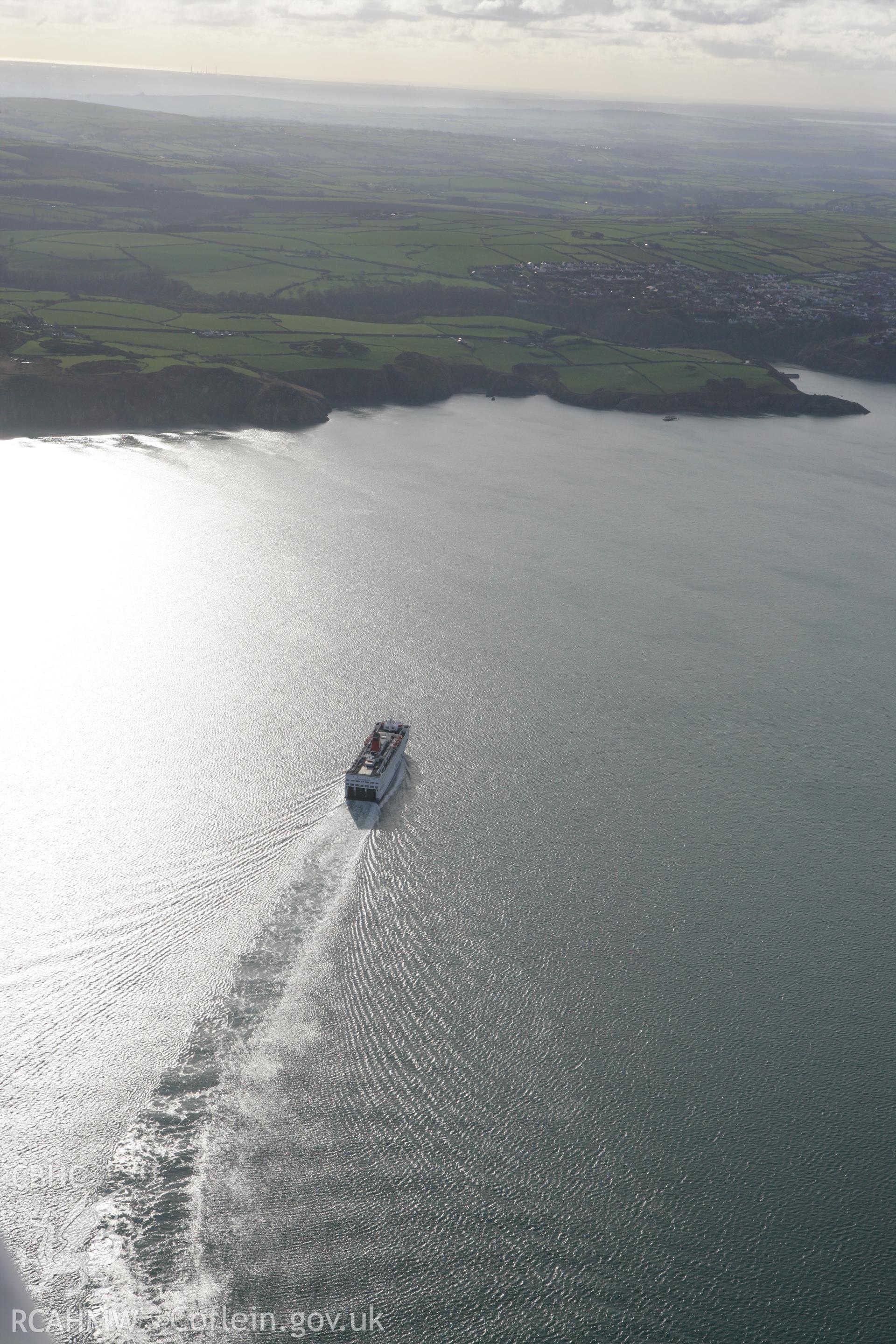RCAHMW colour oblique photograph of ferry heading towards Fishguard Harbour. Taken by Toby Driver on 16/11/2010.