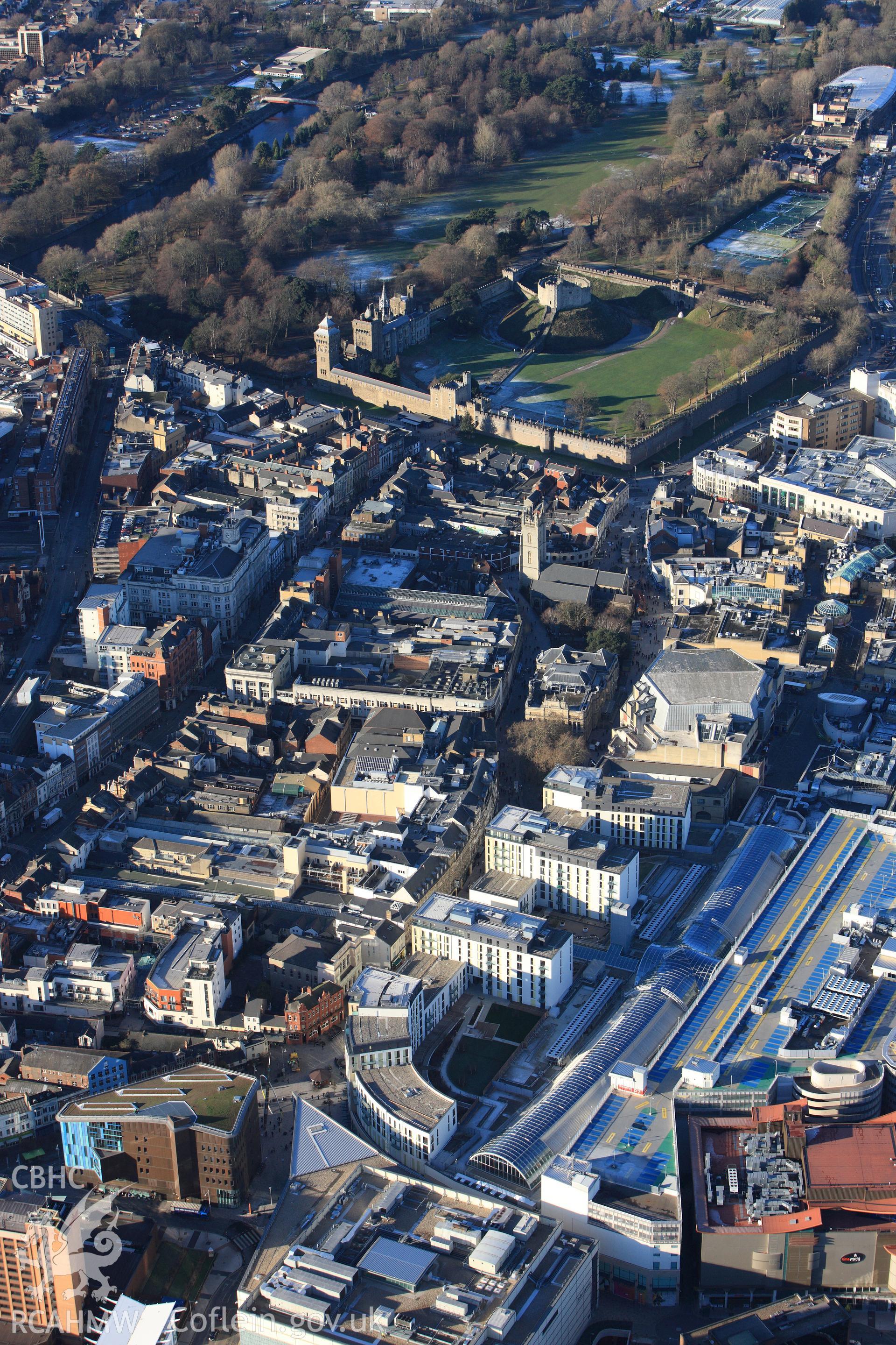 RCAHMW colour oblique photograph of Cardiff city centre from the south, showing Cardiff castle. Taken by Toby Driver on 08/12/2010.