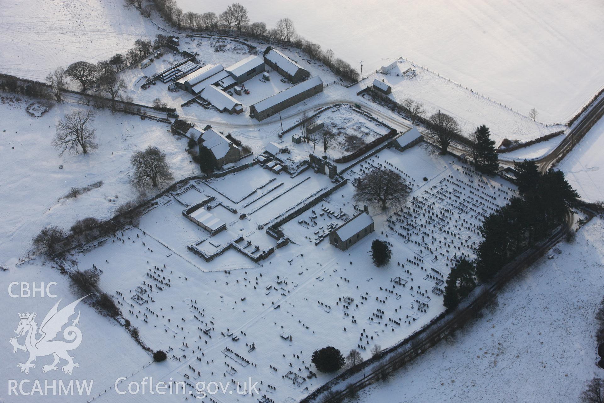 RCAHMW colour oblique aerial photograph of Strata Florida Abbey under snow, by Toby Driver, 02/12/2010.