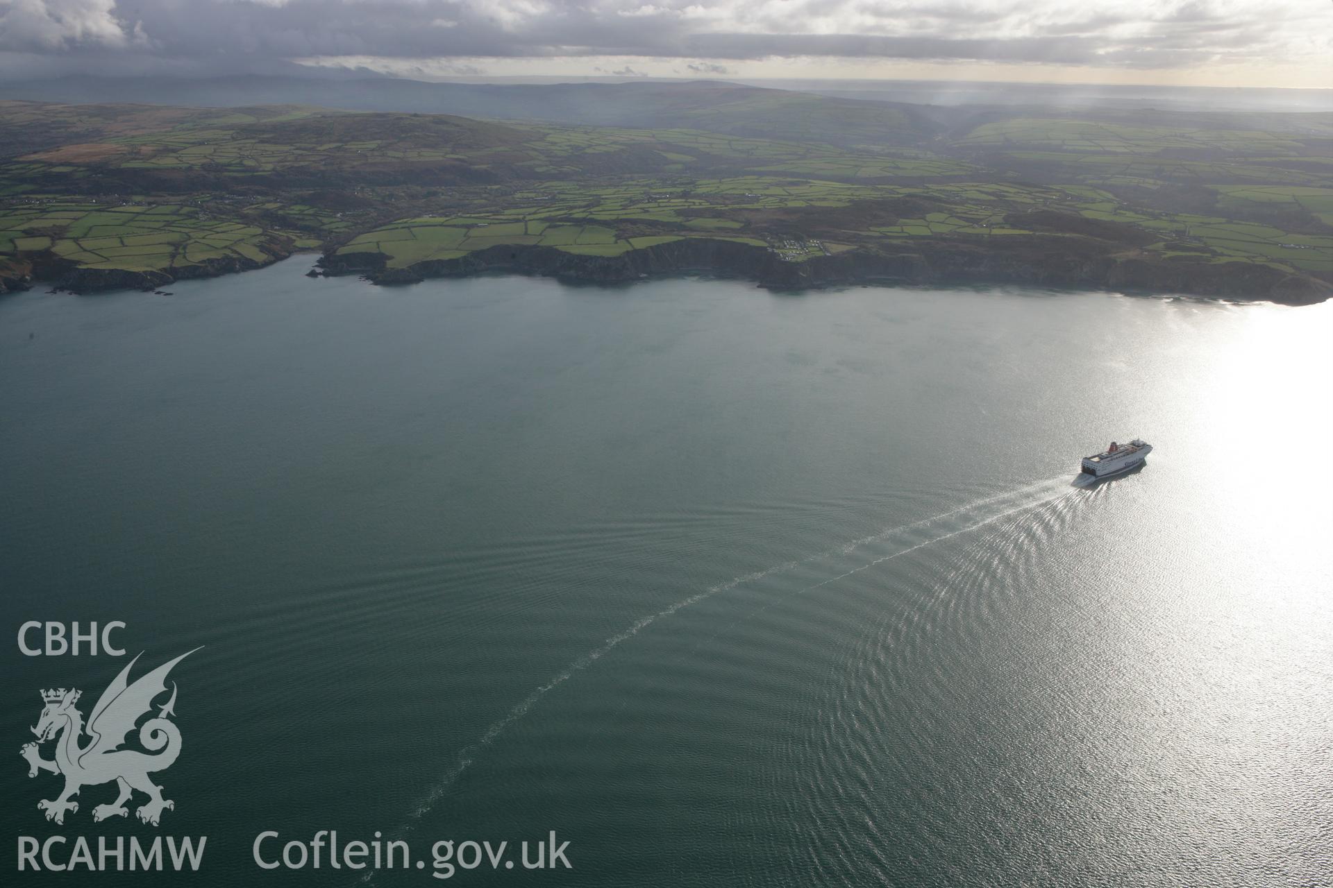 RCAHMW colour oblique photograph of ferry heading towards Fishguard Harbour. Taken by Toby Driver on 16/11/2010.