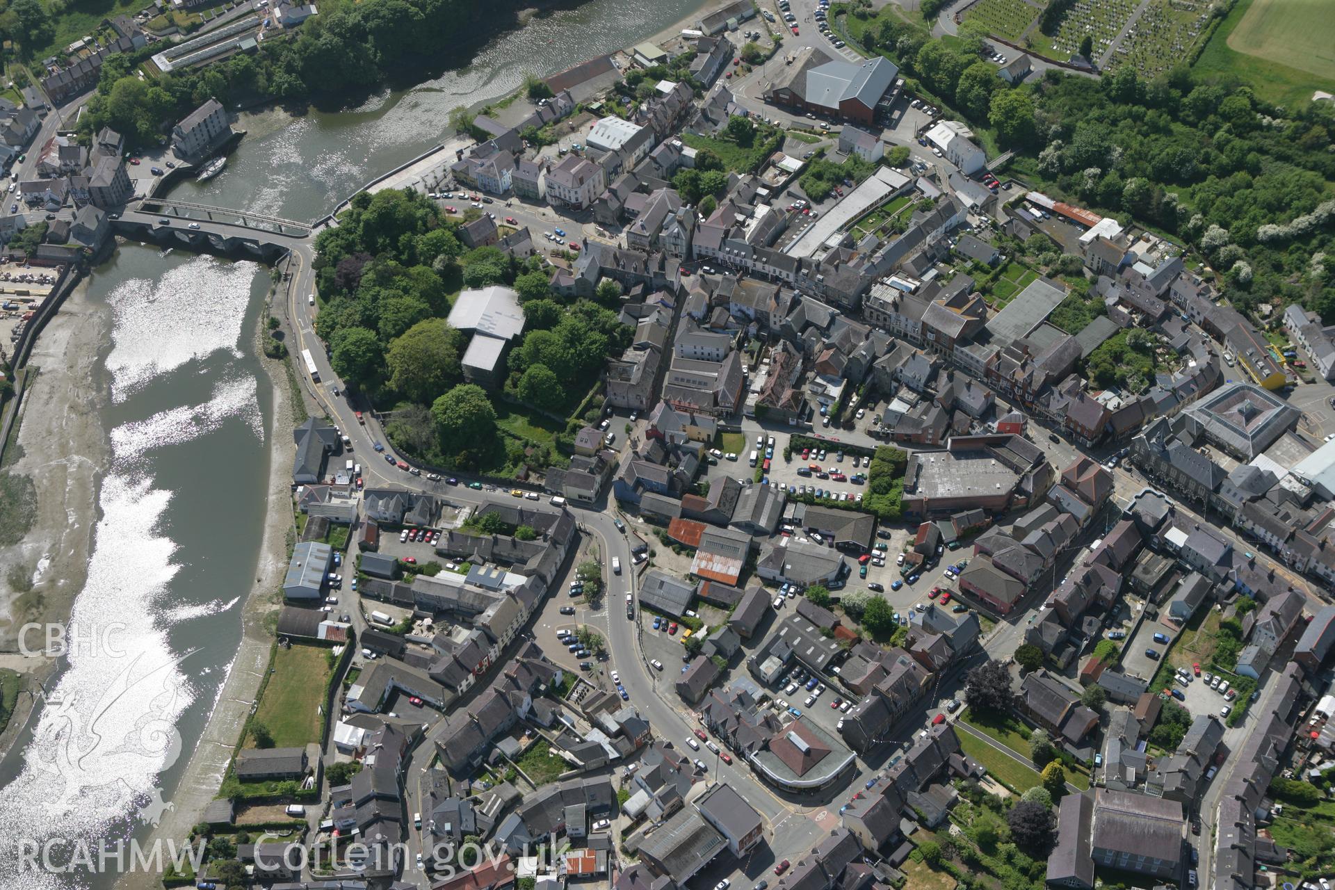 RCAHMW colour oblique photograph of Cardigan Castle and town. Taken by Toby Driver on 25/05/2010.