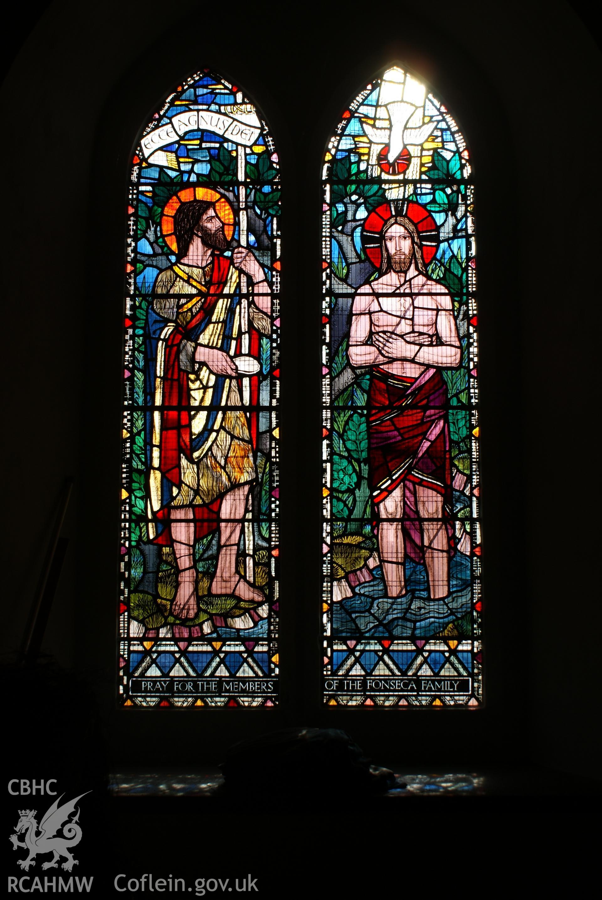 Digital colour photograph showing stained glass windows depicting St Peter and St Paul at All Saints Catholic church, Ebbw Vale.
