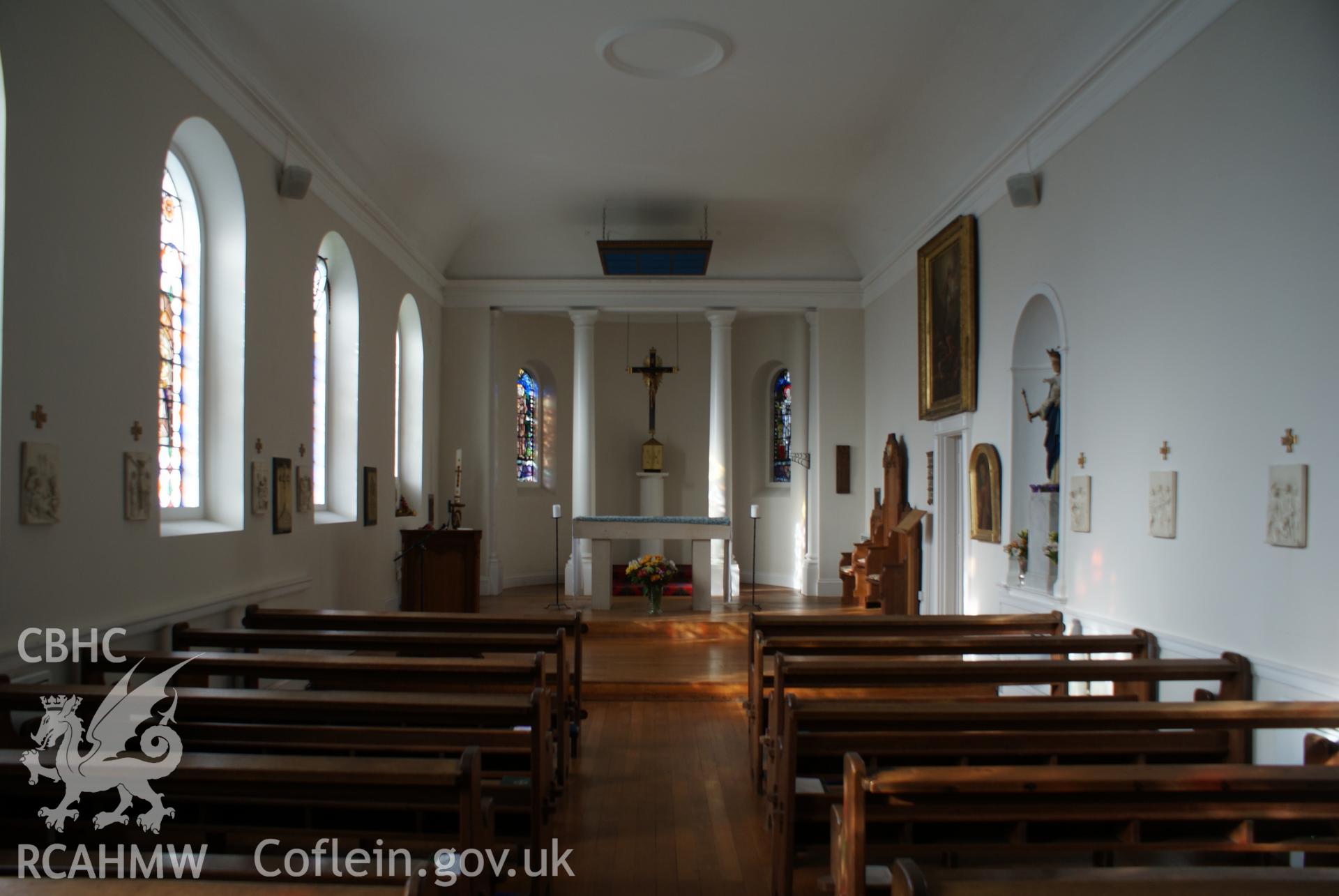 Digital colour photograph showing interior of St Mary and St Michael Catholic church, Llanarth.