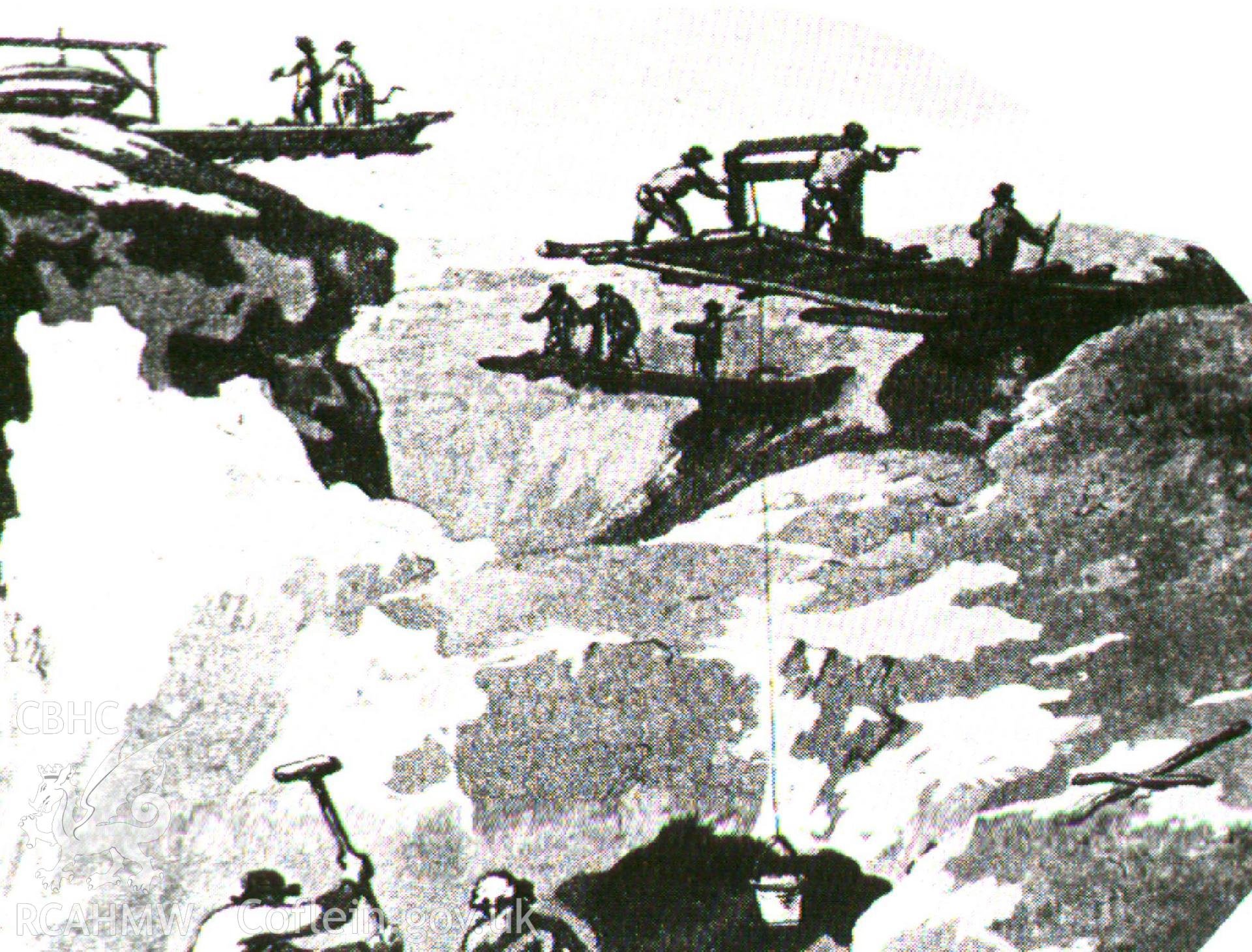 Digital image of illustration of whimsy stages on the edge of the Parys Mine opencast in a painting by JC Ibbetson from 1795 - Williams, 1980