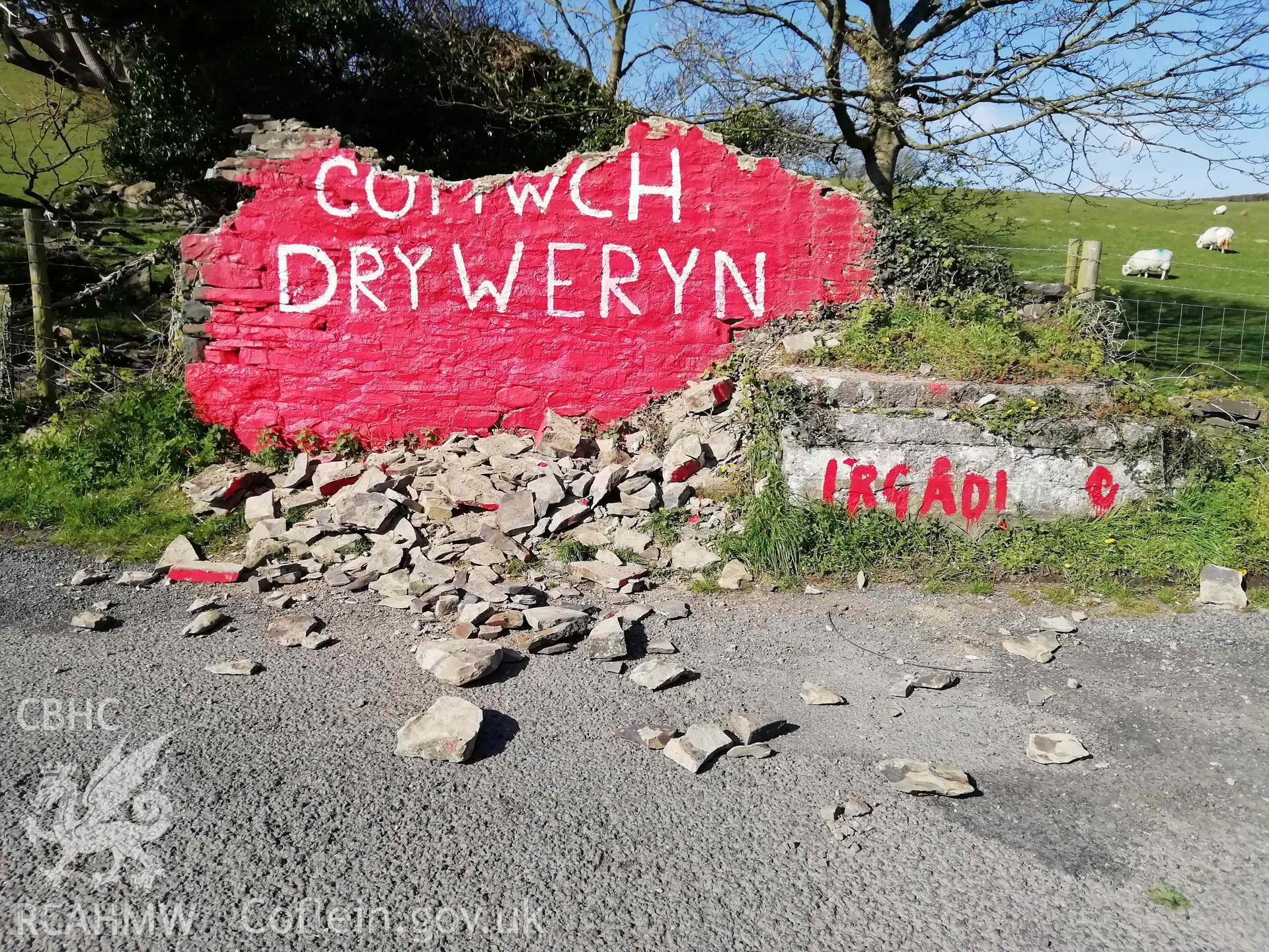 Digital colour photograph showing Cofiwch Dryweryn Wall, following vandalism. Taken 13 April 2019.