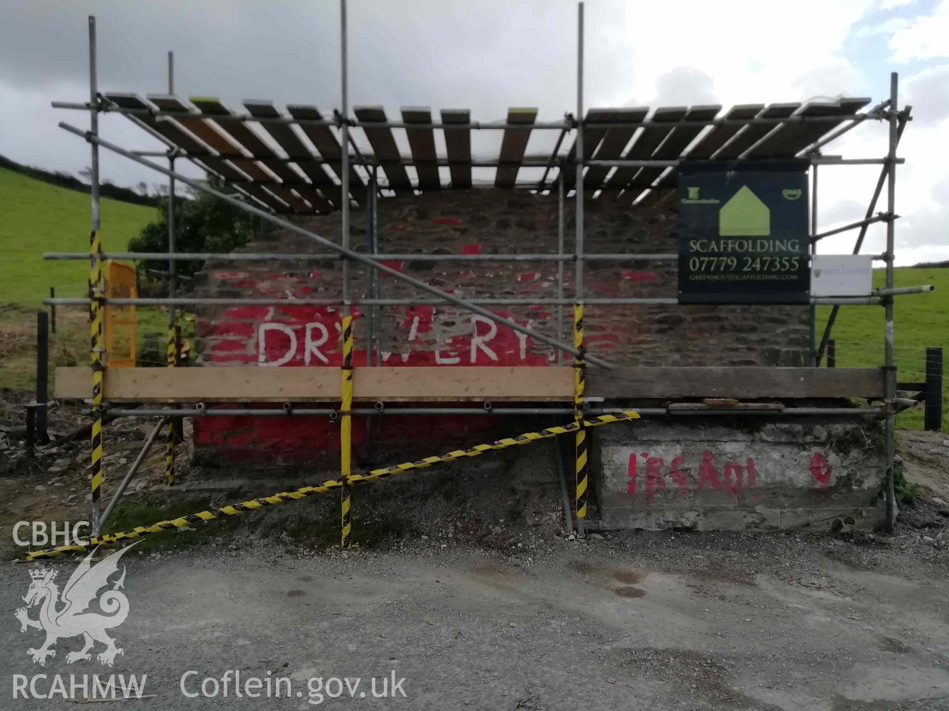 Digital colour photograph showing Cofiwch Dryweryn Wall, during site works. Taken 25 September 2020.