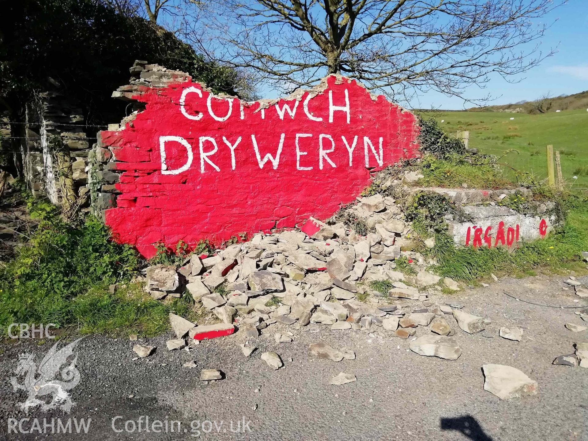 Digital colour photograph showing Cofiwch Dryweryn Wall, after vandalism. Taken 13 April 2019.