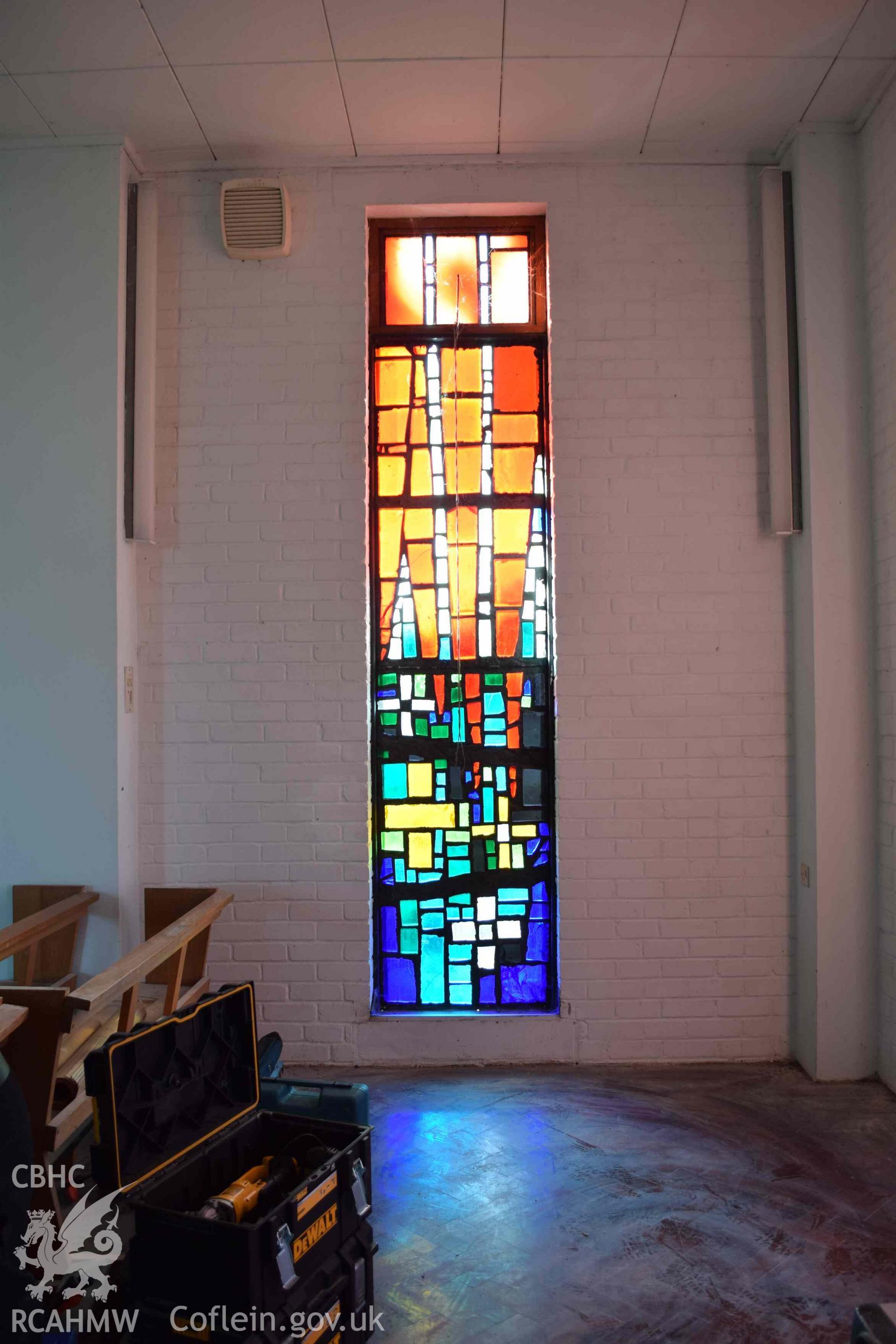 Photograph showing a Jonah Jones Dalle de Verre window (11b), at the church of The Resurrection of Our Saviour, Morfa Nefyn, taken on behalf of the Architectural Glass Centre during the removal of the windows in March 2019.