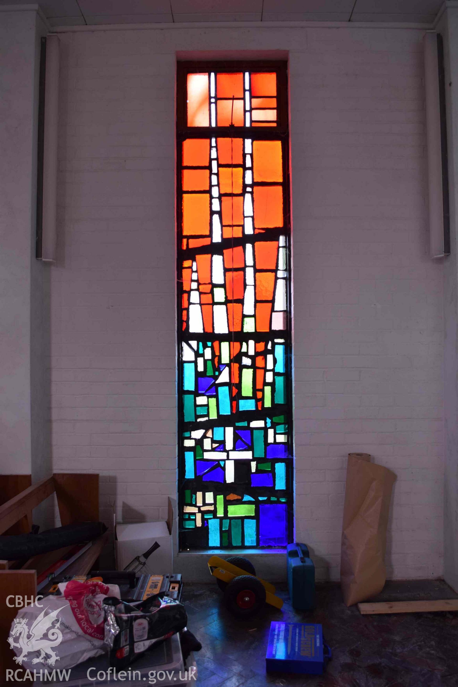 Photograph showing a Jonah Jones Dalle de Verre window (3b), at the church of The Resurrection of Our Saviour, Morfa Nefyn, taken on behalf of the Architectural Glass Centre during the removal of the windows in March 2019.