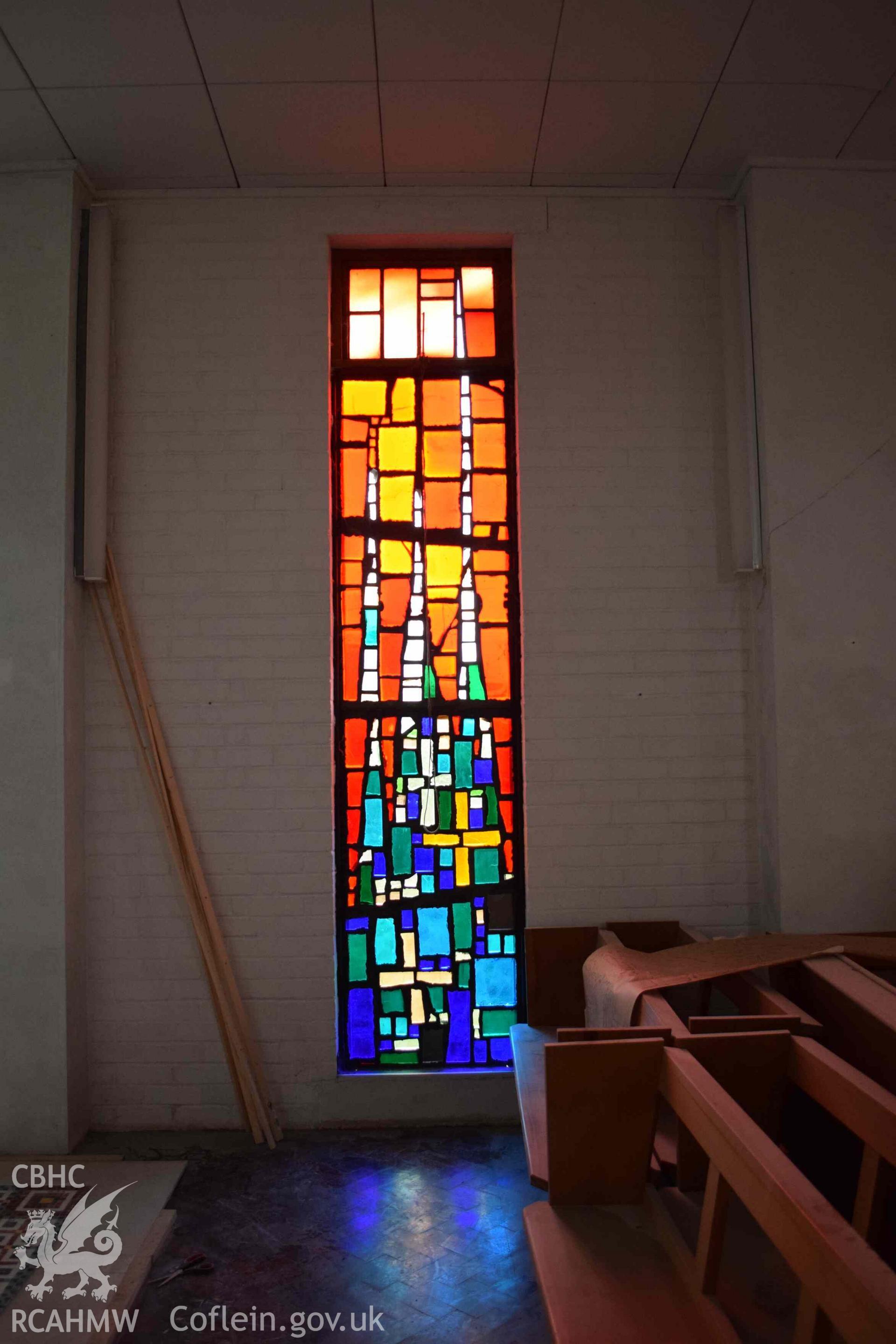 Photograph showing a Jonah Jones Dalle de Verre window (4a), at the church of The Resurrection of Our Saviour, Morfa Nefyn, taken on behalf of the Architectural Glass Centre during the removal of the windows in March 2019.