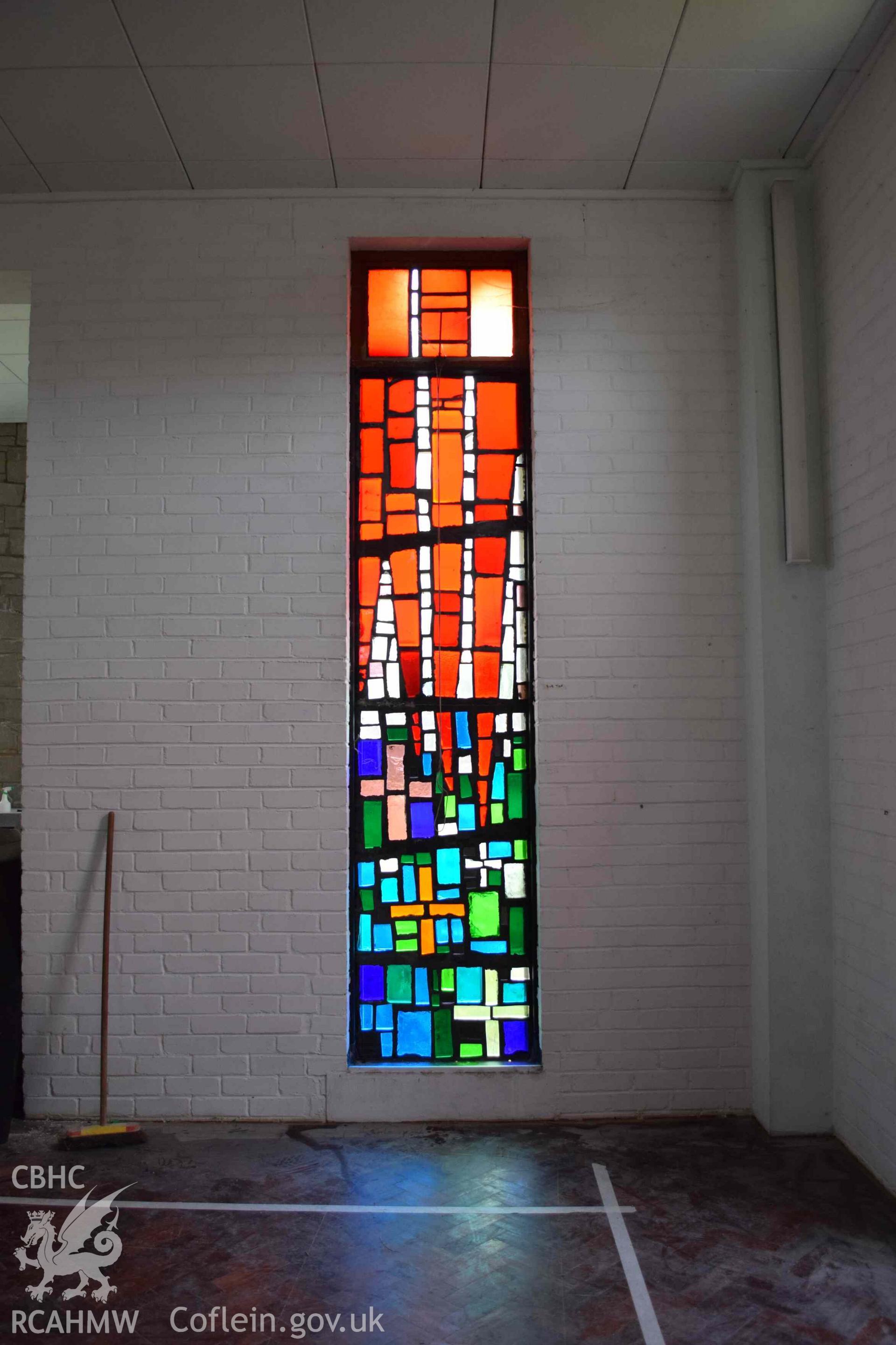 Photograph showing a Jonah Jones Dalle de Verre window (9c), at the church of The Resurrection of Our Saviour, Morfa Nefyn, taken on behalf of the Architectural Glass Centre during the removal of the windows in March 2019.