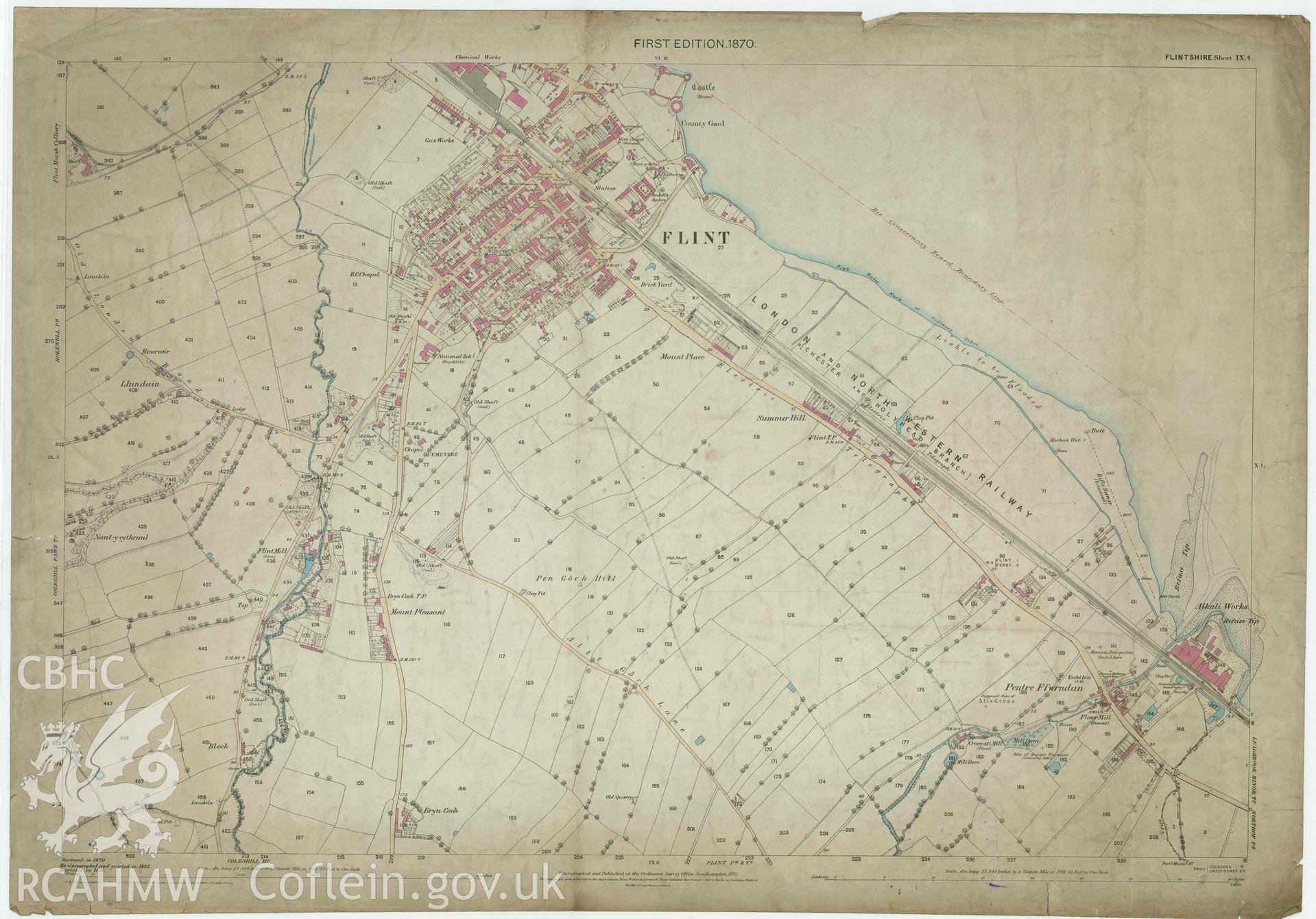1st Edition Ordnance Survey Map (Colourised) showing Flint and surrounding area. Published in 1870. OS Sheet IX.4.