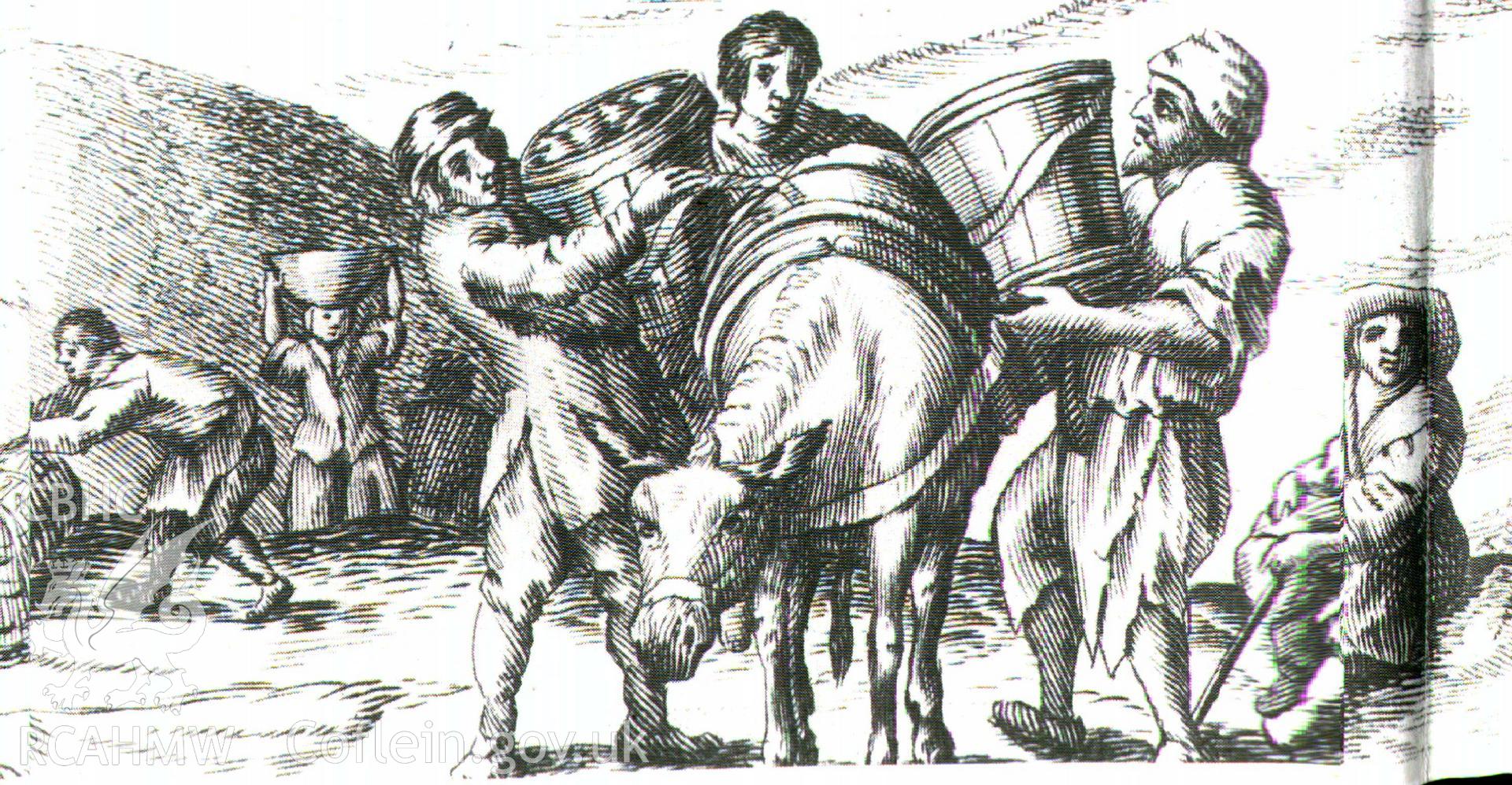 Digital image of Pettus' 1670 illustration showing the loading of ore panniers on horses/mules at Darren - frontispiece Bick & Davies, 1994