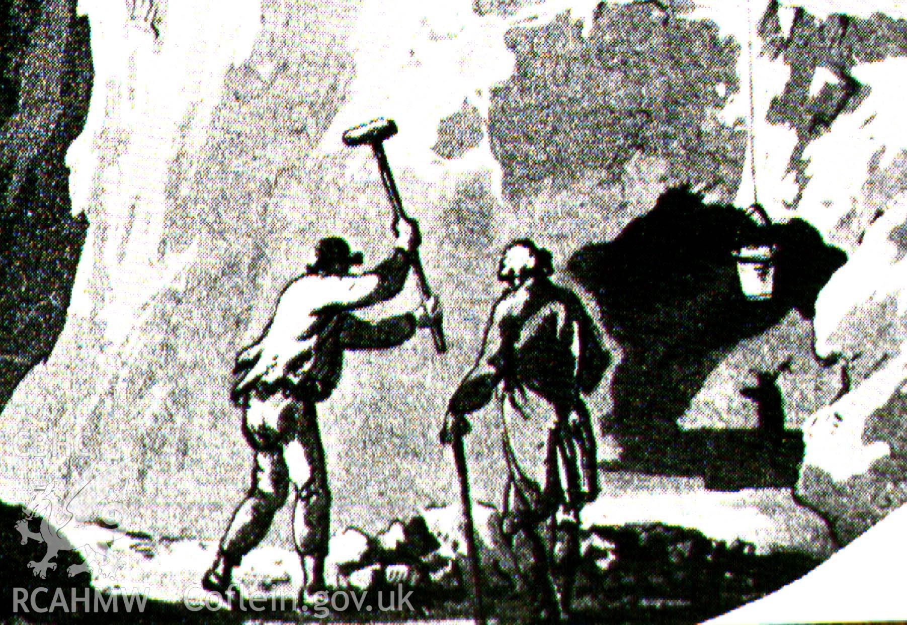 Digital image of aquatint after the watercolour of 1795 by JC Ibbetson of Parys Mountain, showing miners at the base of pit breaking ore with sledges, Williams, 1980