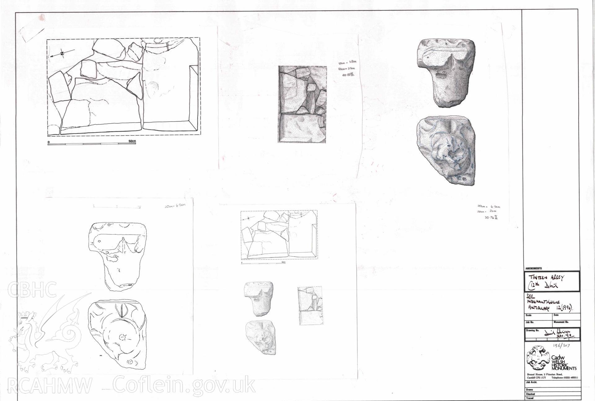 Cadw guardianship monument drawing, composite drawing, 12th century detail, Tintern Abbey.  Dated November 1996.
