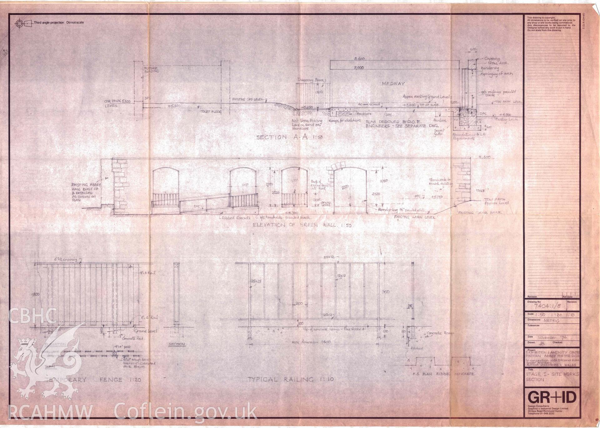 Cadw guardianship monument drawing, exhibition and amenity area, stage 1, site works plan, section, Tintern Abbey.  Dated  November 1974.