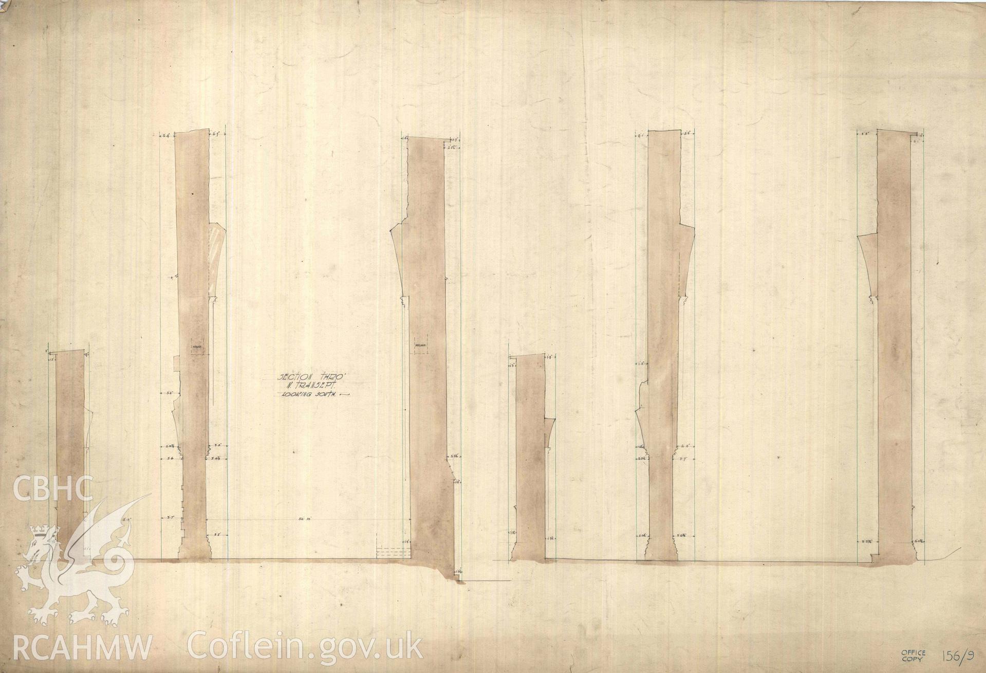Cadw guardianship monument drawing of Tintern Abbey. N transept, section. Cadw ref. No. 156/9. Scale 1:48.