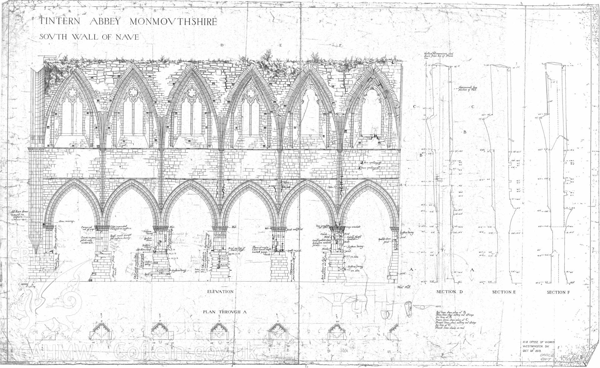 Cadw guardianship monument drawing of Tintern Abbey. Sections S Wall of Nave + annotation. Cadw ref. No. 156/26. Scale 1:1:20.