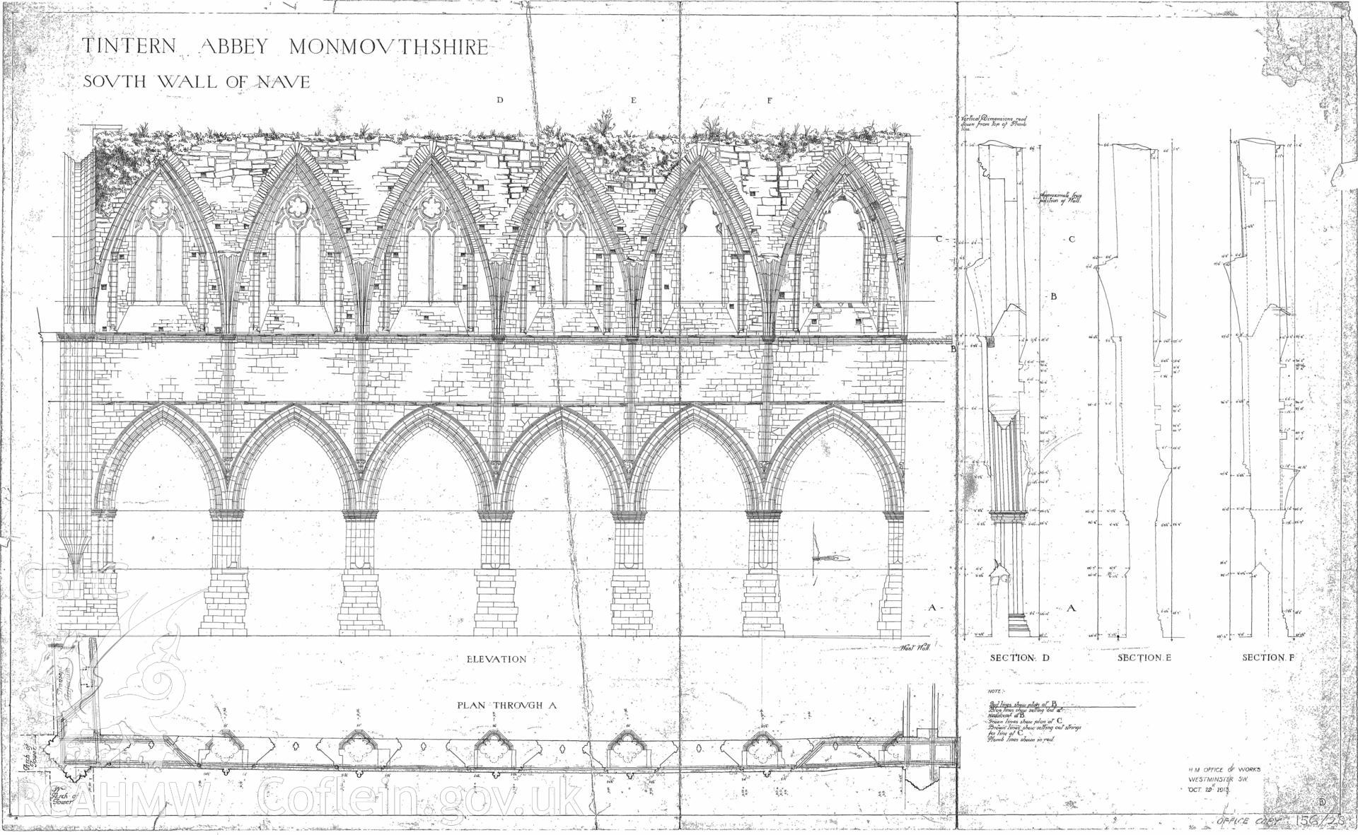 Cadw guardianship monument drawing of Tintern Abbey. Sections S Wall of Nave. Cadw ref. No. 156/28. Scale 1:1:20.