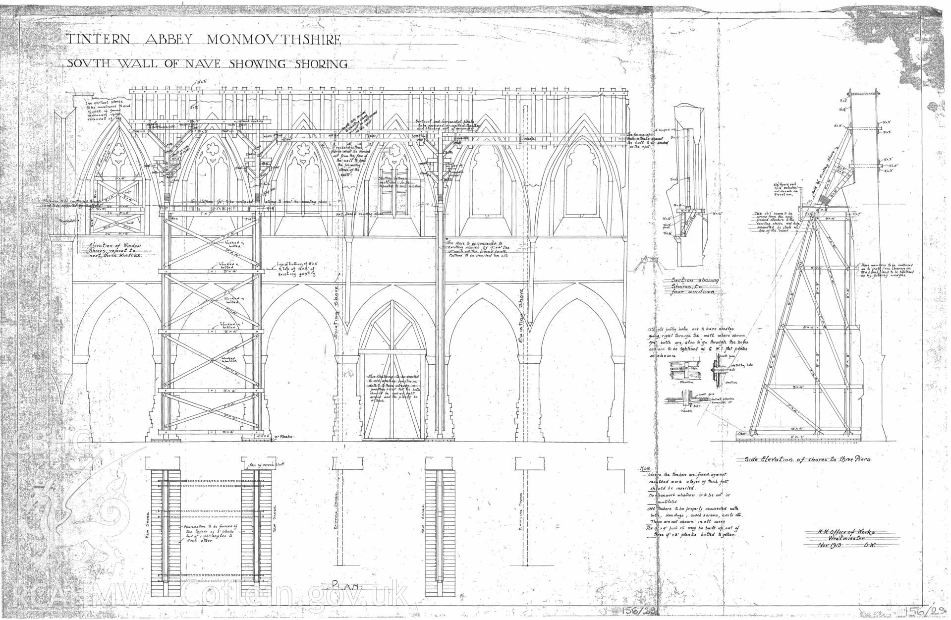 Cadw guardianship monument drawing of Tintern Abbey. S wall of Nave showing shoring. Cadw ref. No. 156/29b. Various scales.