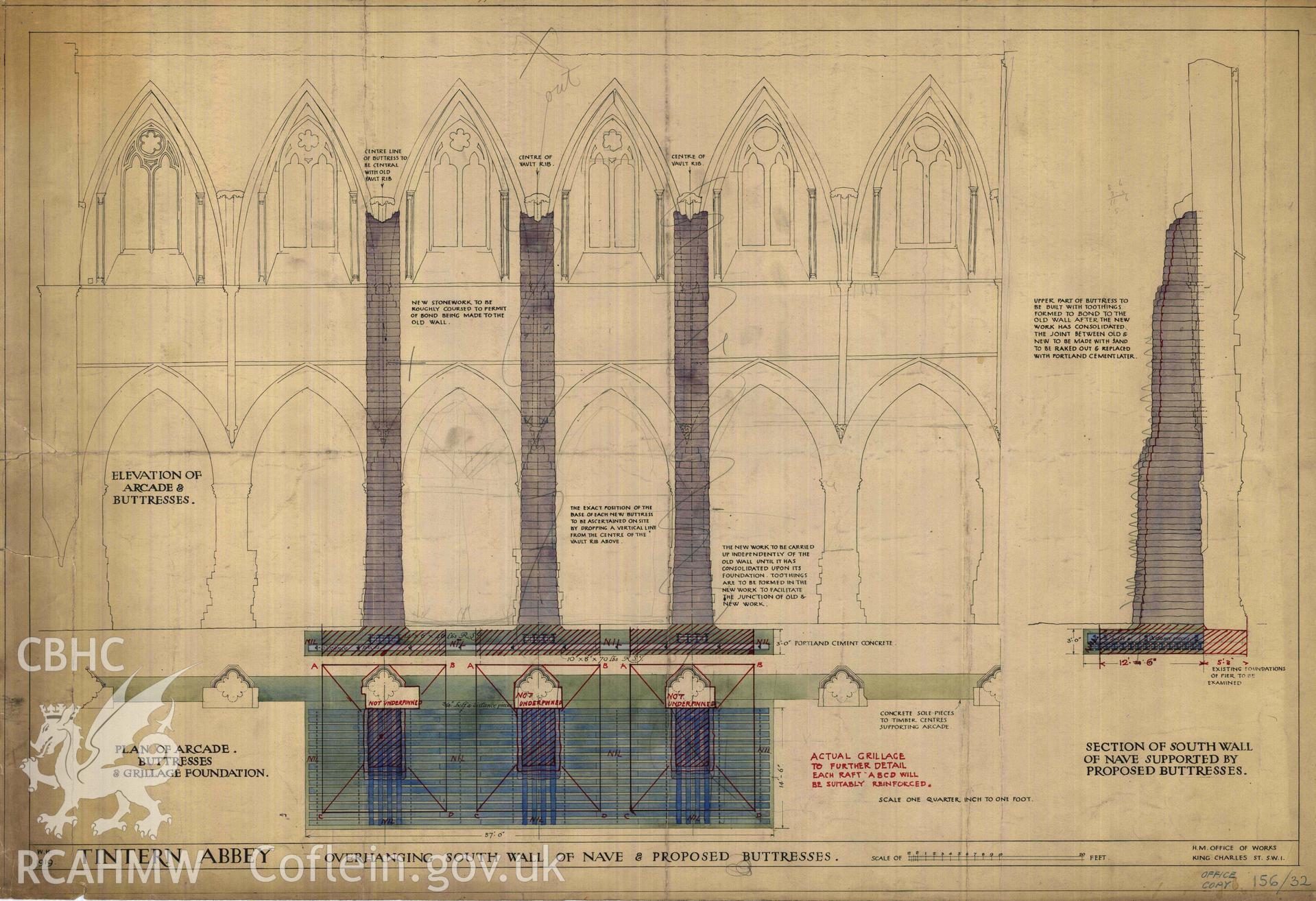 Cadw guardianship monument drawing of Tintern Abbey. As 156/31 showing actual grillage. Cadw ref. No. 156/32. Scale 1:48.