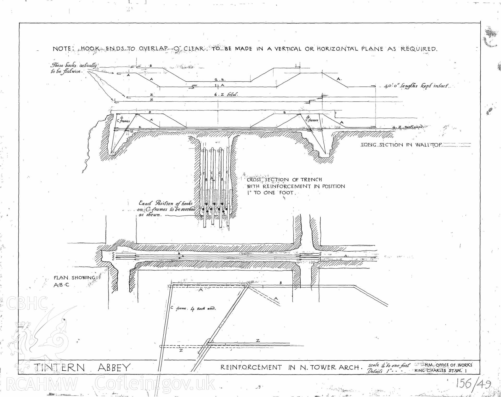 Cadw guardianship monument drawing of Tintern Abbey. Reinforcement in N Tower Arch. Cadw ref. No. 156/49. Scale 1:48.