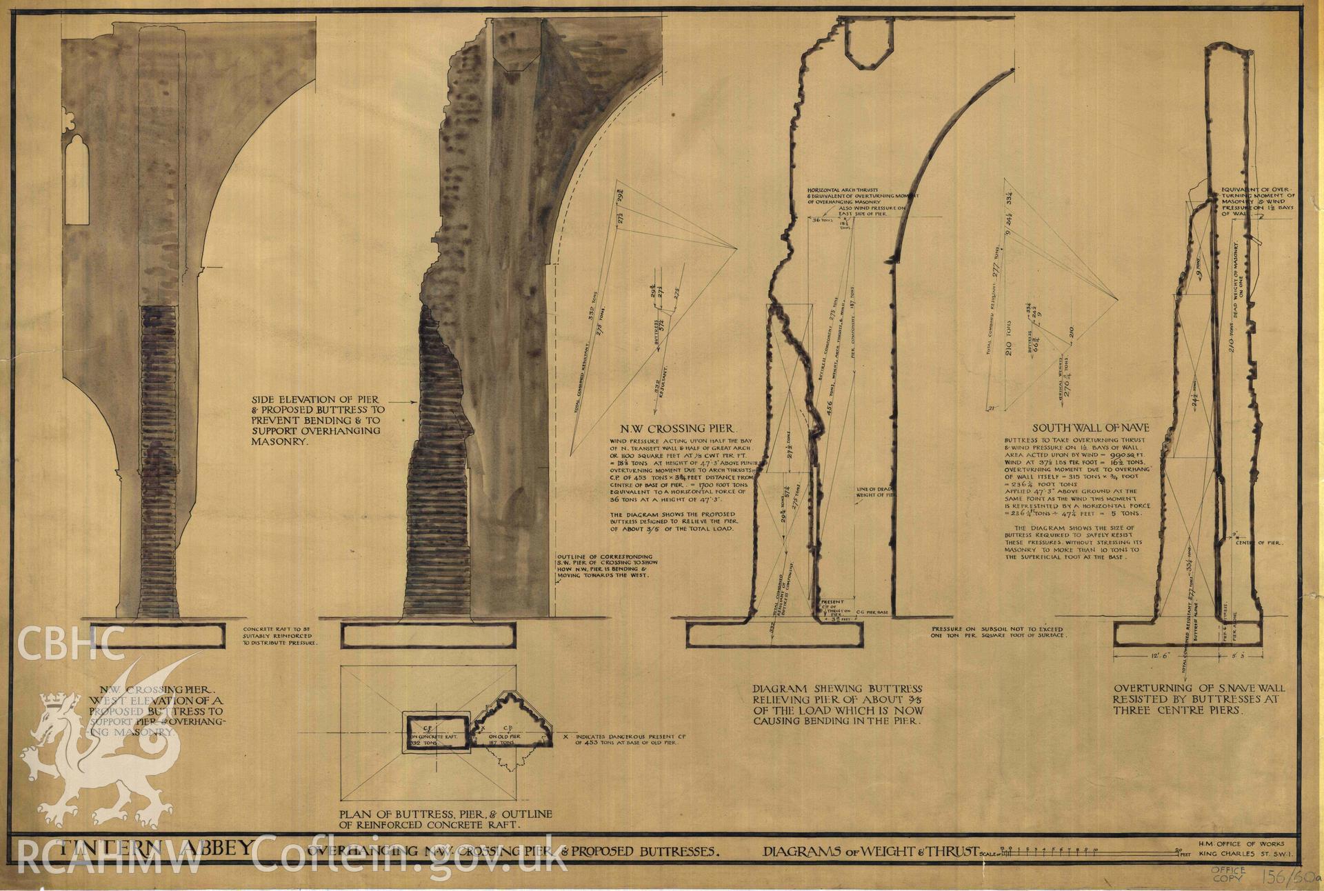 Cadw guardianship monument drawing of Tintern Abbey. Proposed Buttresses NW Crossing. Cadw ref. No. 156/60/a. Scale 1:20.